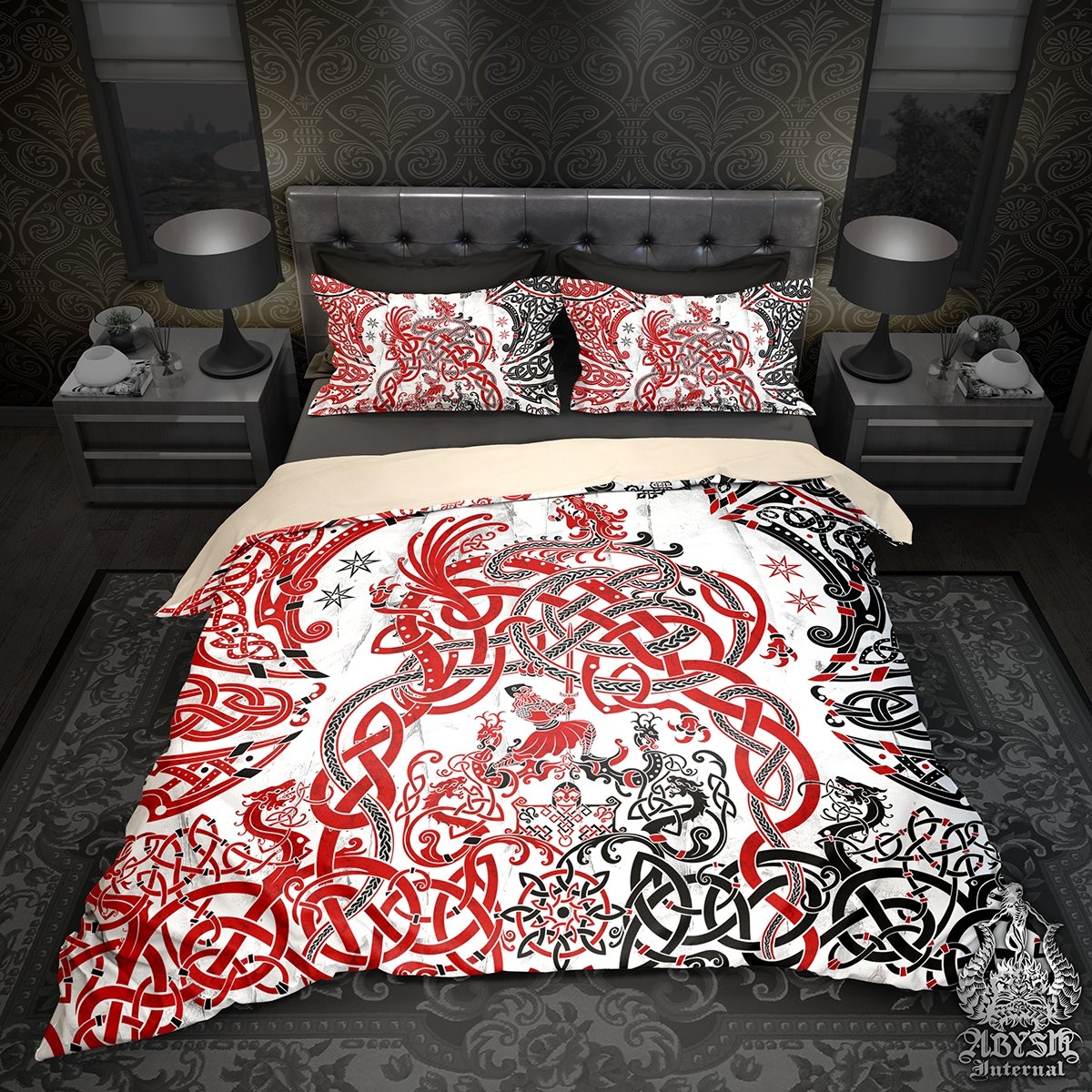 Viking Bedding Set, Comforter and Duvet, Norse Bed Cover and Bedroom Decor, Nordic Art, Sigurd kills Dragon Fafnir, King, Queen and Twin Size - Bloody White Goth - Abysm Internal