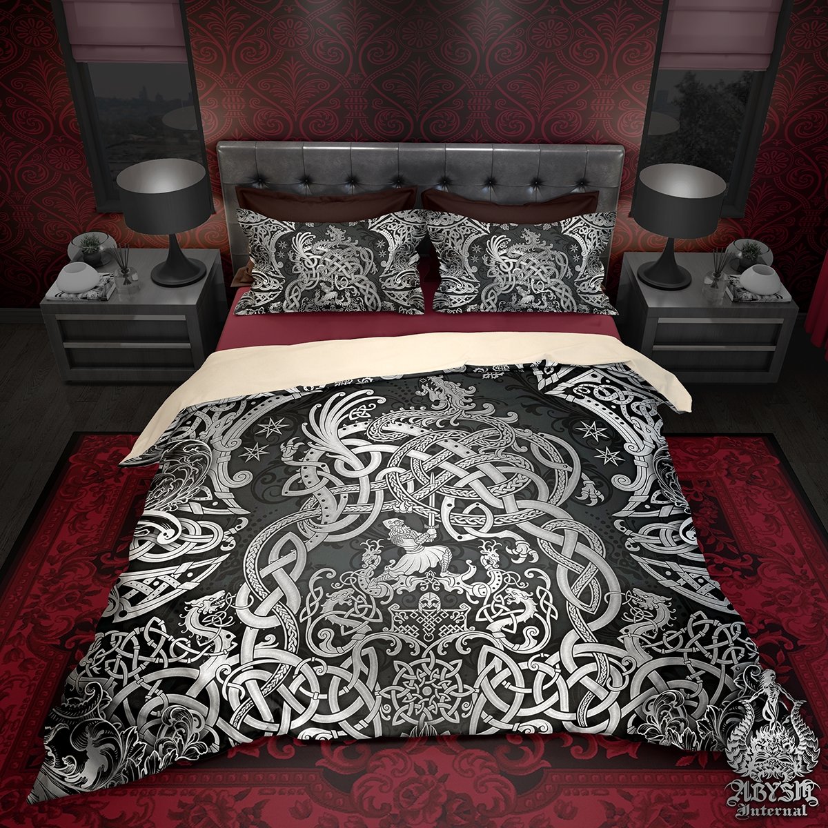 Viking Bedding Set, Comforter and Duvet, Norse Bed Cover and Bedroom Decor, Nordic Art, Sigurd kills Dragon Fafnir, King, Queen and Twin Size - Dark - Abysm Internal