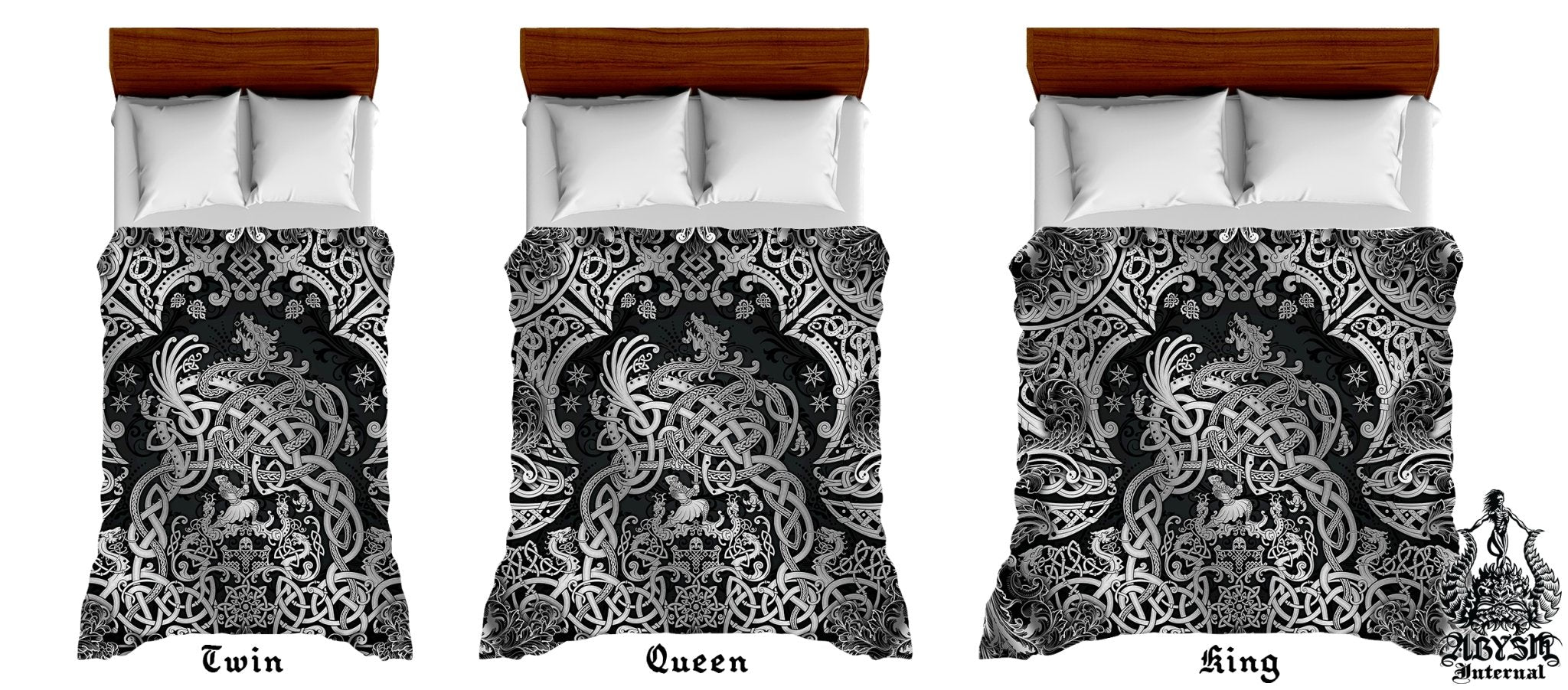 Viking Bedding Set, Comforter and Duvet, Norse Bed Cover and Bedroom Decor, Nordic Art, Sigurd kills Dragon Fafnir, King, Queen and Twin Size - Dark - Abysm Internal