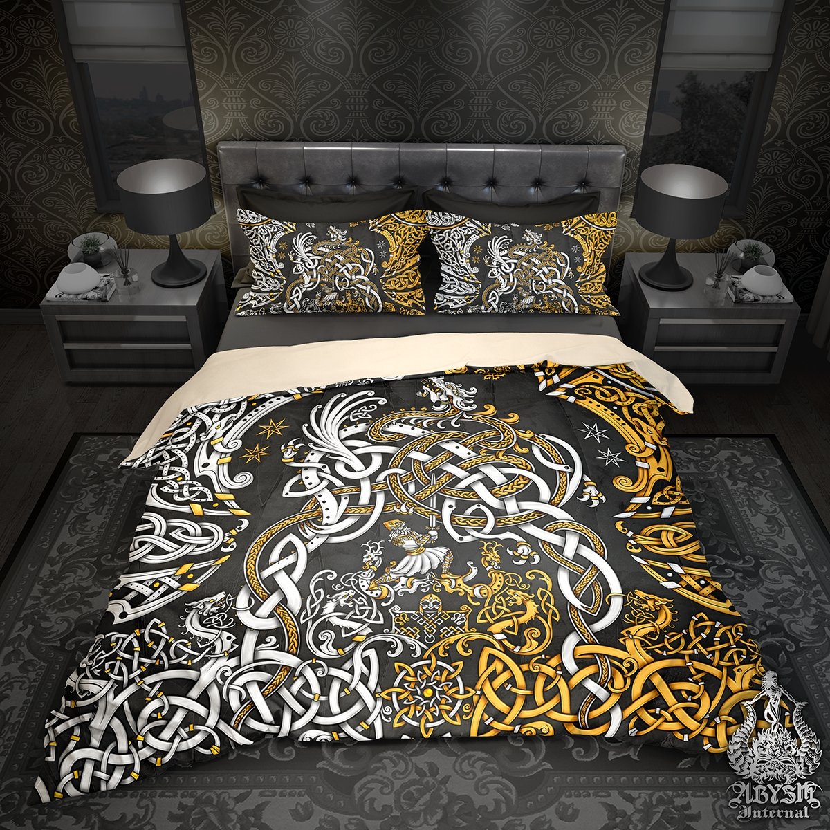 Viking Bedding Set, Comforter and Duvet, Norse Bed Cover and Bedroom Decor, Nordic Art, Sigurd kills Dragon Fafnir, King, Queen and Twin Size - Gold and Black - Abysm Internal