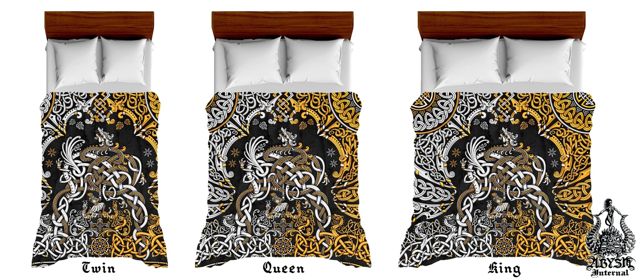 Viking Bedding Set, Comforter and Duvet, Norse Bed Cover and Bedroom Decor, Nordic Art, Sigurd kills Dragon Fafnir, King, Queen and Twin Size - Gold and Black - Abysm Internal