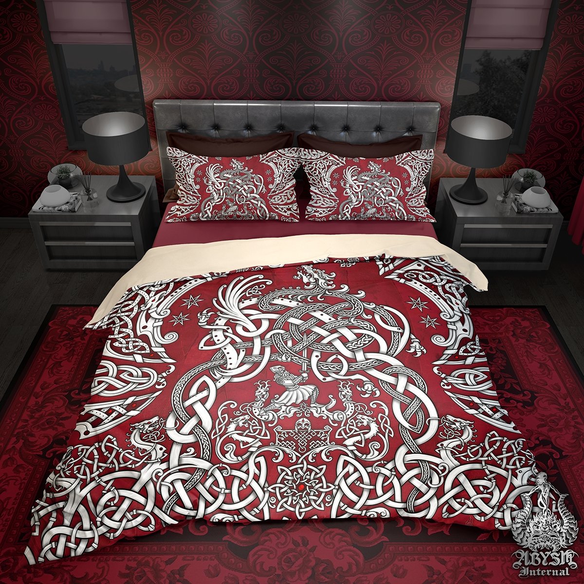Viking Bedding Set, Comforter and Duvet, Norse Bed Cover and Bedroom Decor, Nordic Art, Sigurd kills Dragon Fafnir, King, Queen and Twin Size - White Red - Abysm Internal