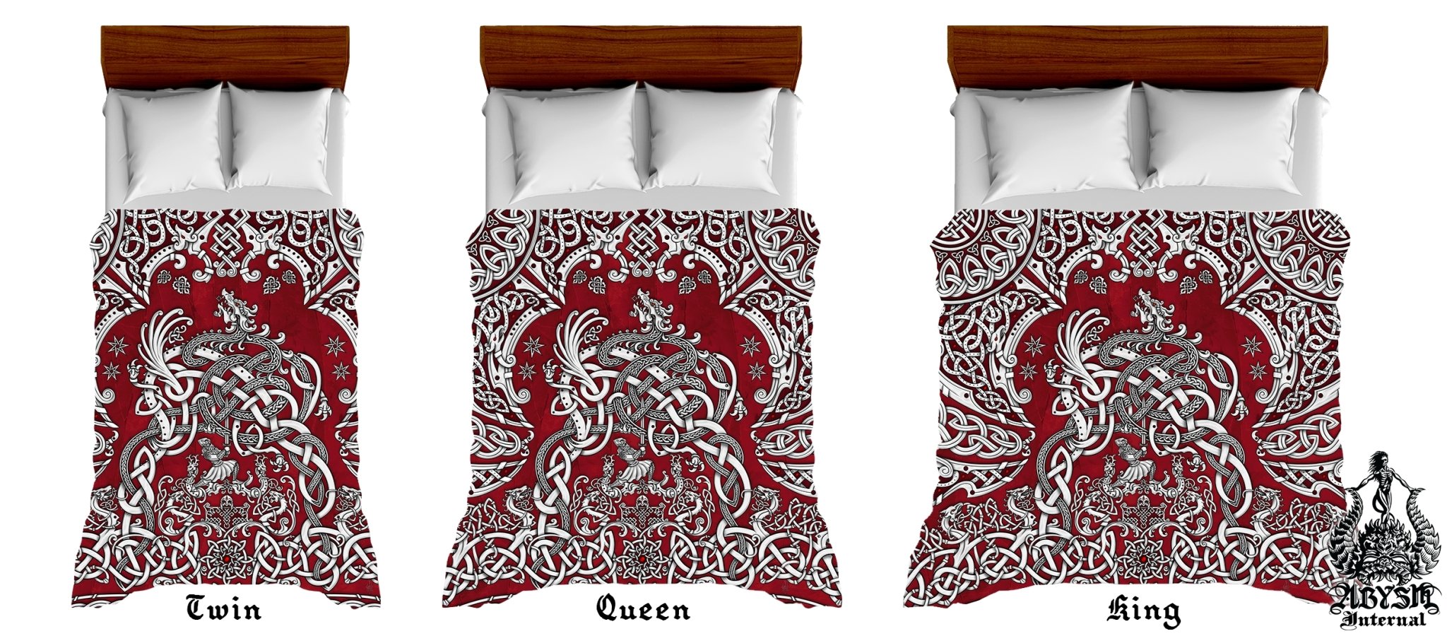 Viking Bedding Set, Comforter and Duvet, Norse Bed Cover and Bedroom Decor, Nordic Art, Sigurd kills Dragon Fafnir, King, Queen and Twin Size - White Red - Abysm Internal