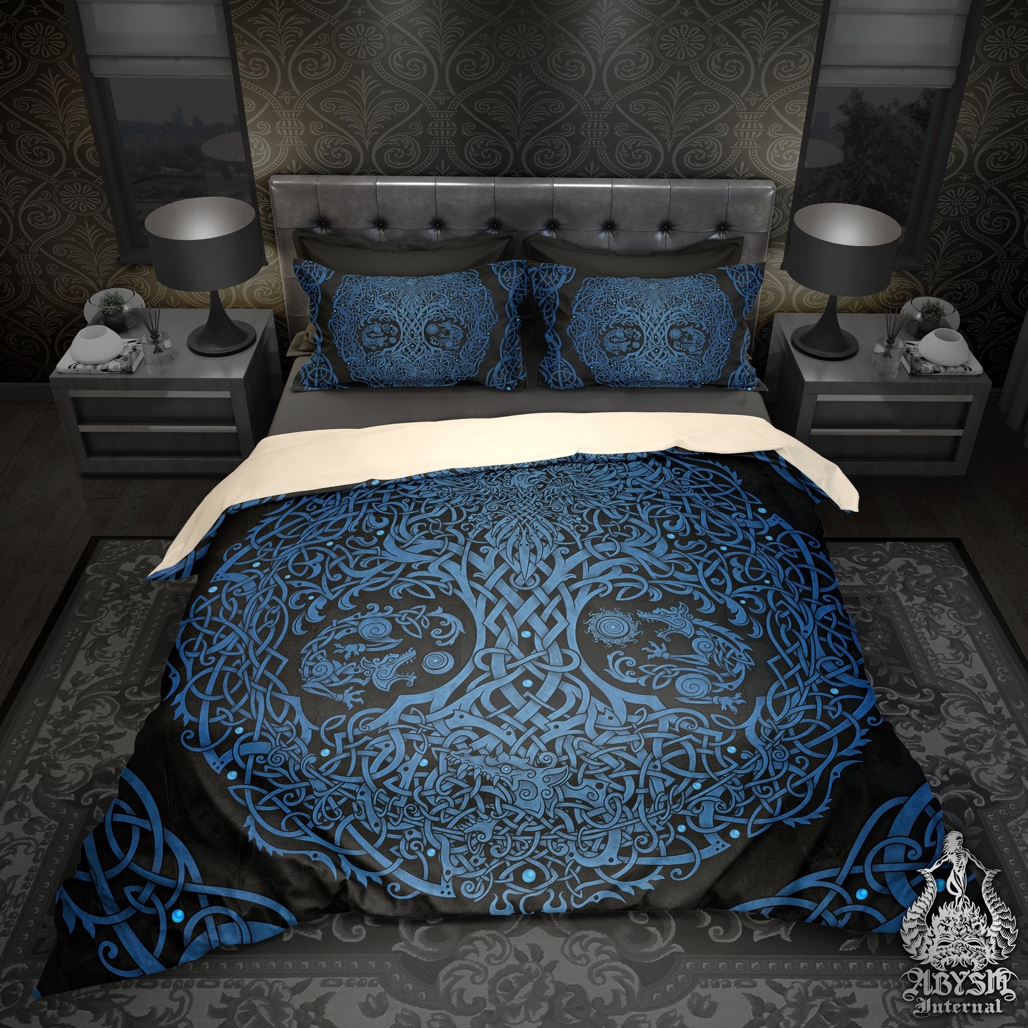 Viking Bedding Set, Comforter and Duvet, Yggdrasil Bed Cover and Bedroom Decor, Norse Art, King, Queen and Twin Size - Black and Blue - Abysm Internal