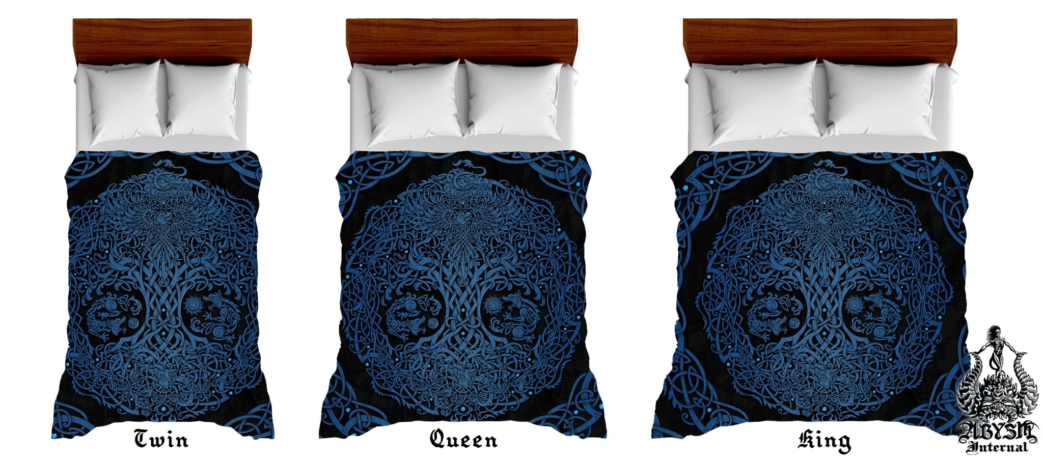 Viking Bedding Set, Comforter and Duvet, Yggdrasil Bed Cover and Bedroom Decor, Norse Art, King, Queen and Twin Size - Black and Blue - Abysm Internal