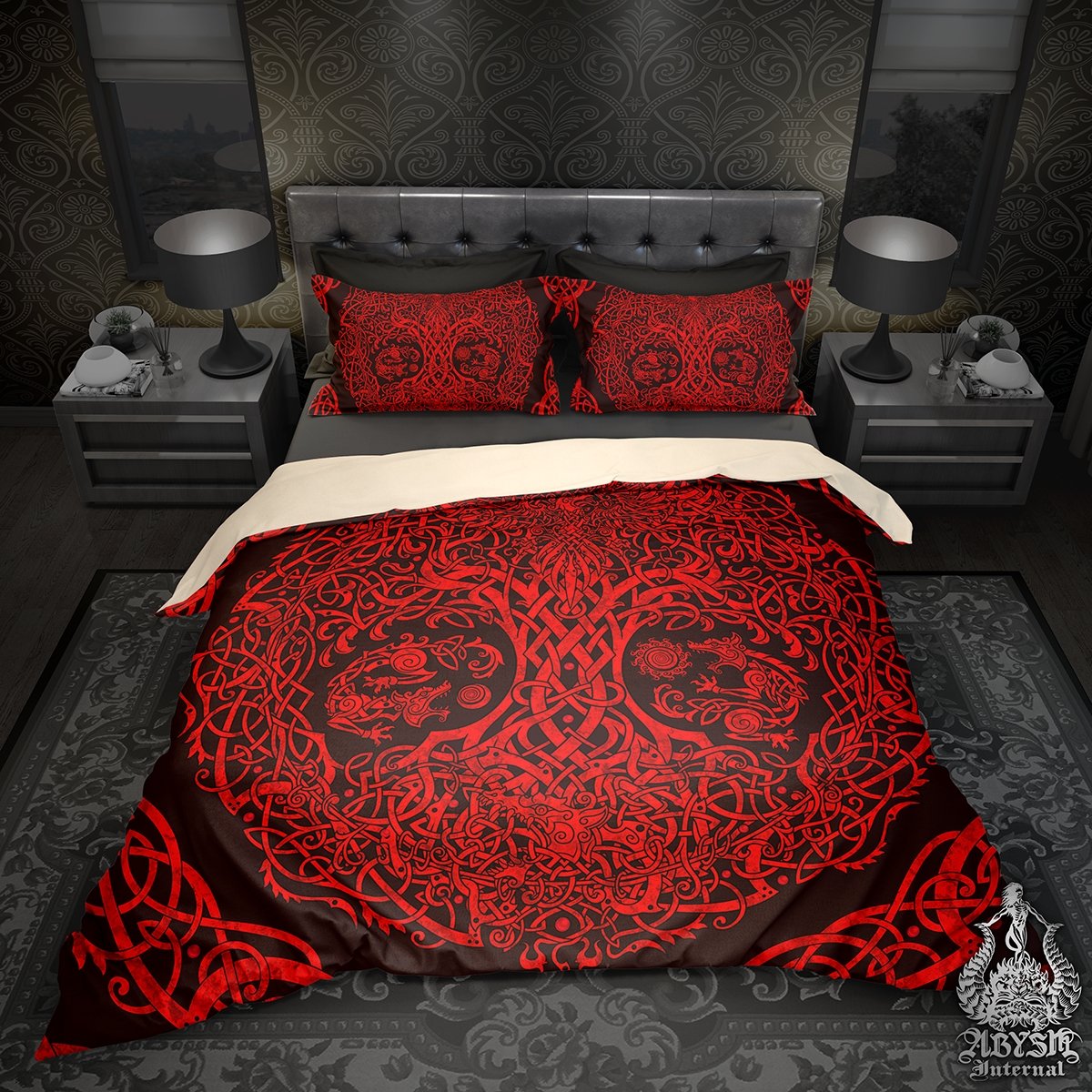Viking Bedding Set, Comforter and Duvet, Yggdrasil Bed Cover and Bedroom Decor, Norse Art, King, Queen and Twin Size - Black and Red - Abysm Internal