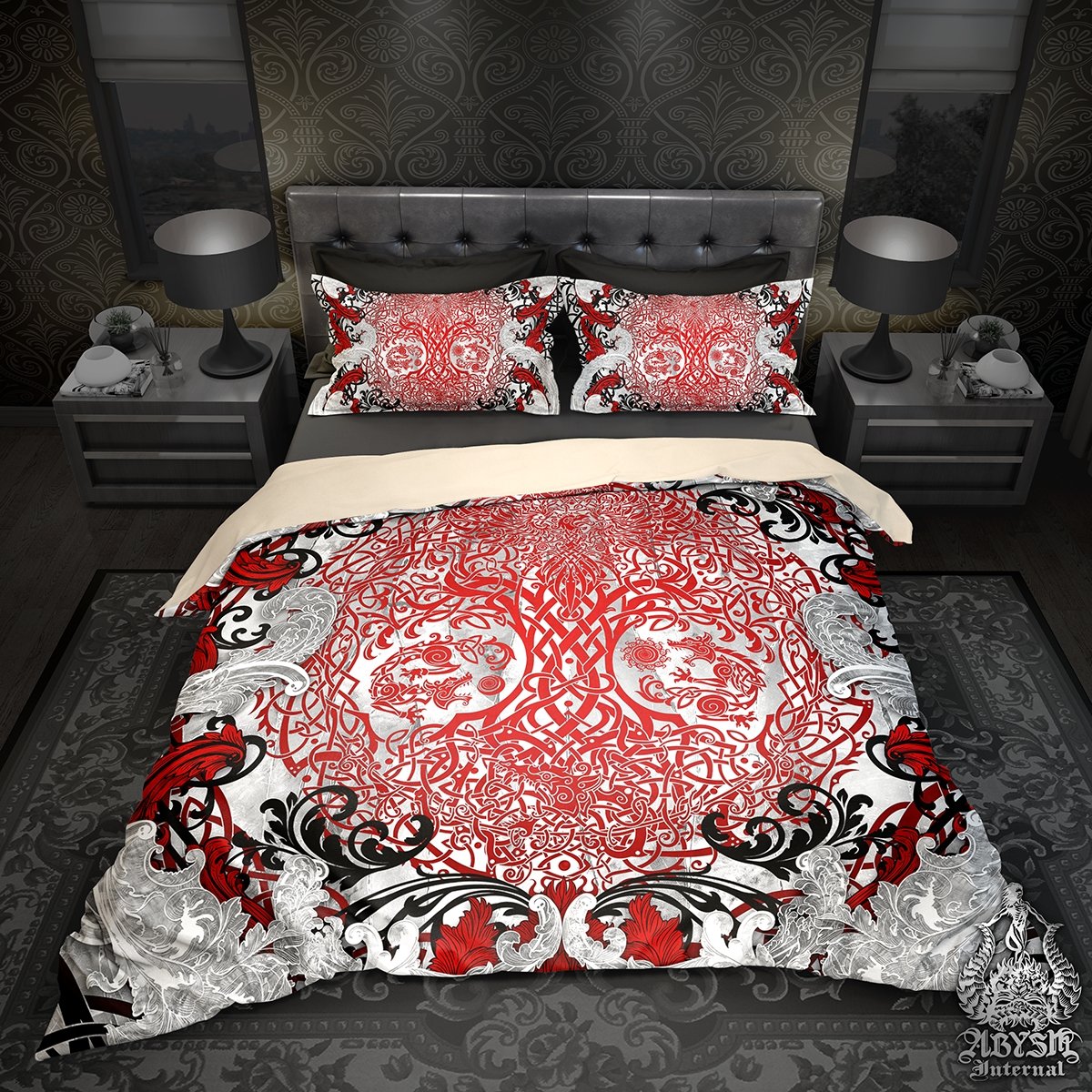 Viking Bedding Set, Comforter and Duvet, Yggdrasil Bed Cover and Bedroom Decor, Norse Art, King, Queen and Twin Size - Bloody - Abysm Internal