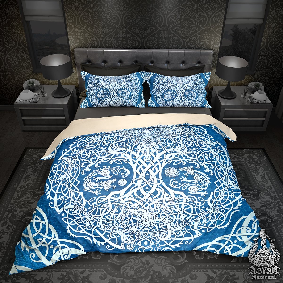 Viking Bedding Set, Comforter and Duvet, Yggdrasil Bed Cover and Bedroom Decor, Norse Art, King, Queen and Twin Size - Blue - Abysm Internal
