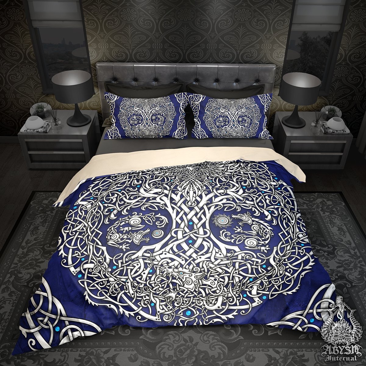 Viking Bedding Set, Comforter and Duvet, Yggdrasil Bed Cover and Bedroom Decor, Norse Art, King, Queen and Twin Size - White and Blue - Abysm Internal