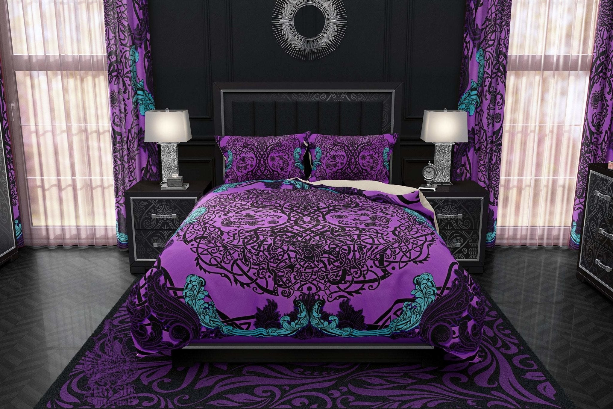 Viking Bedding Set, Comforter and Duvet, Yggdrasil, Norse Art, Pastel Goth Bed Cover and Bedroom Decor, King, Queen and Twin Size - Purple - Abysm Internal