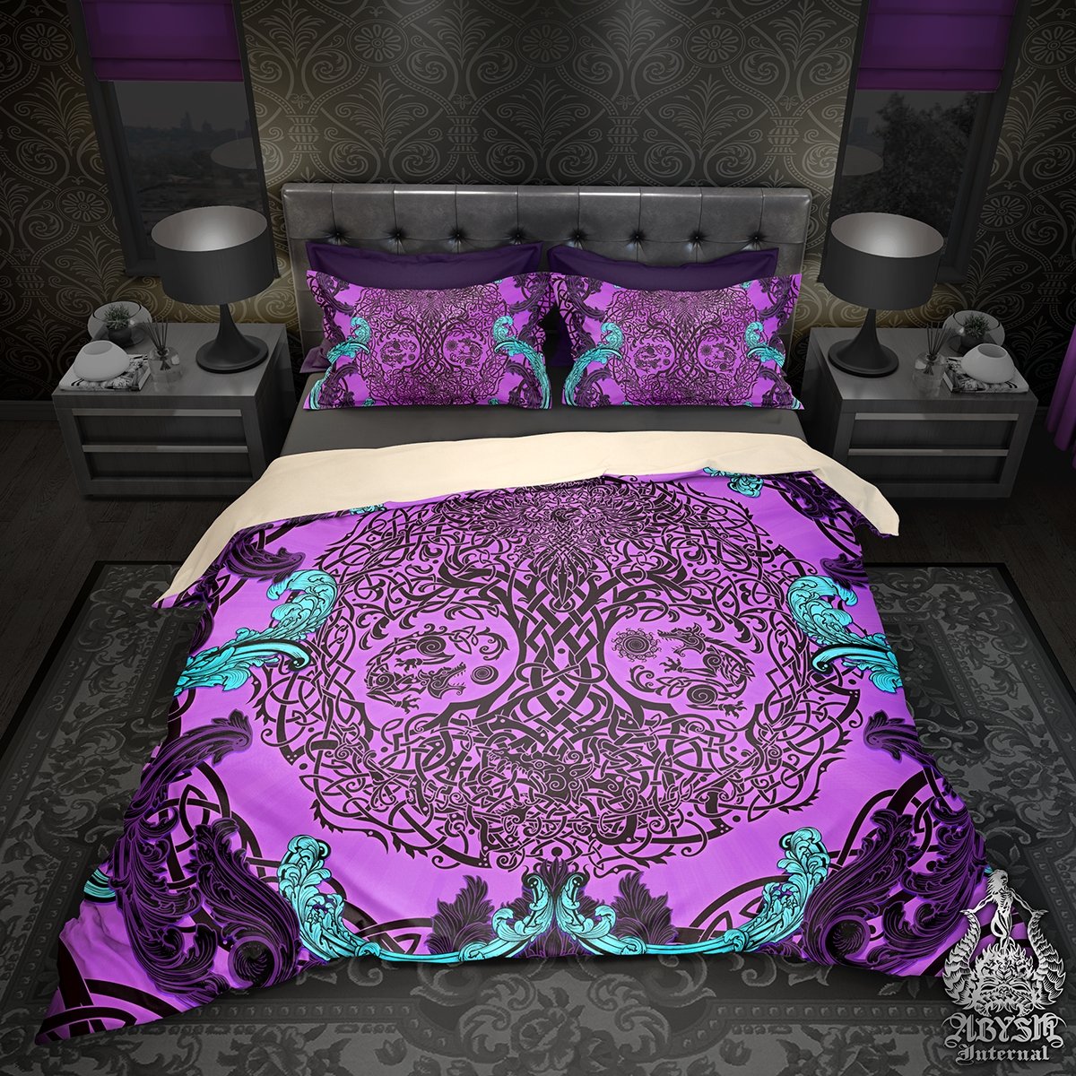 Viking Bedding Set, Comforter and Duvet, Yggdrasil, Norse Art, Pastel Goth Bed Cover and Bedroom Decor, King, Queen and Twin Size - Purple - Abysm Internal