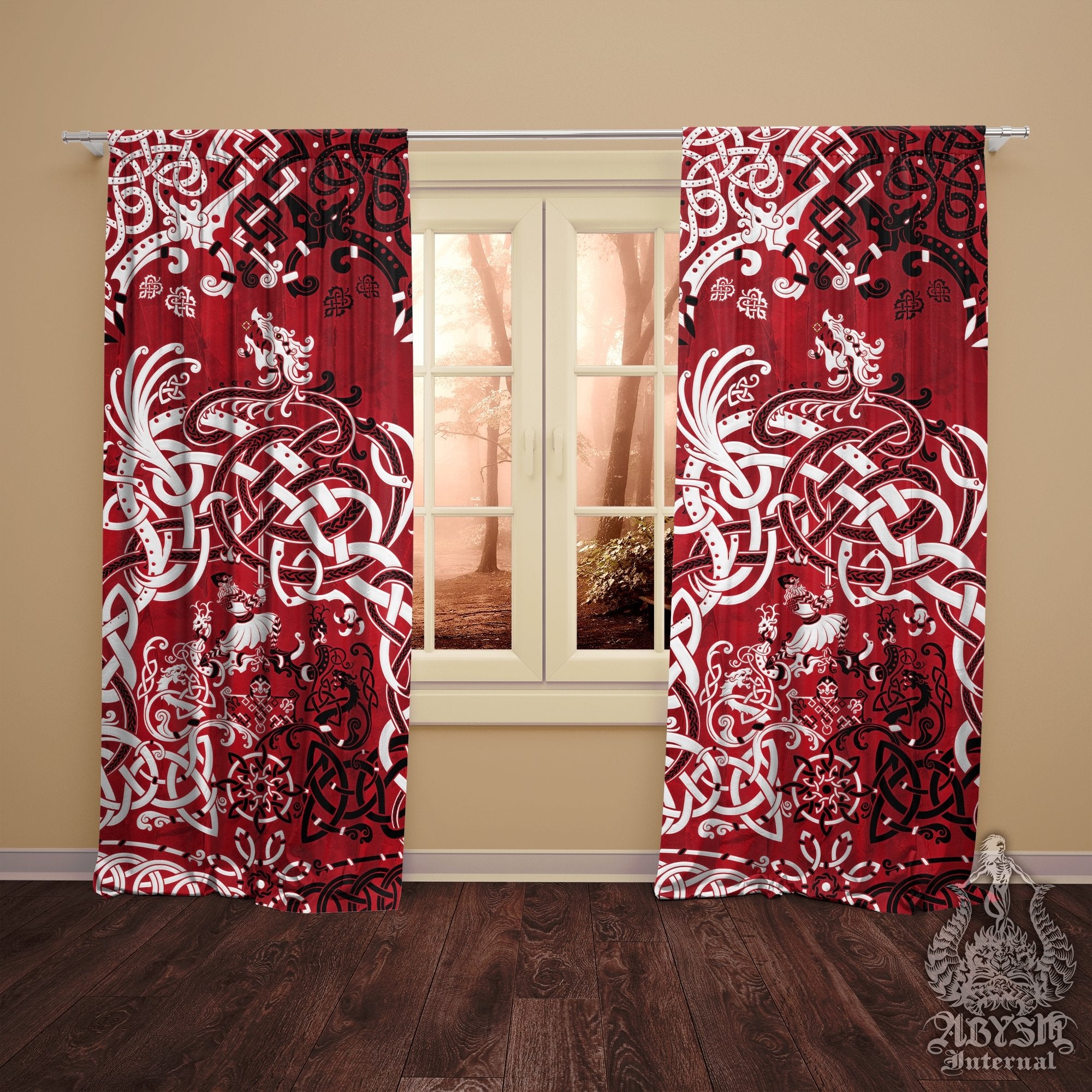 Viking Blackout Curtains, Long Window Panels, Norse Room Decor, Nordic Art Print, Sigurd kills Dragon Fafnir - Bloody Red - Abysm Internal