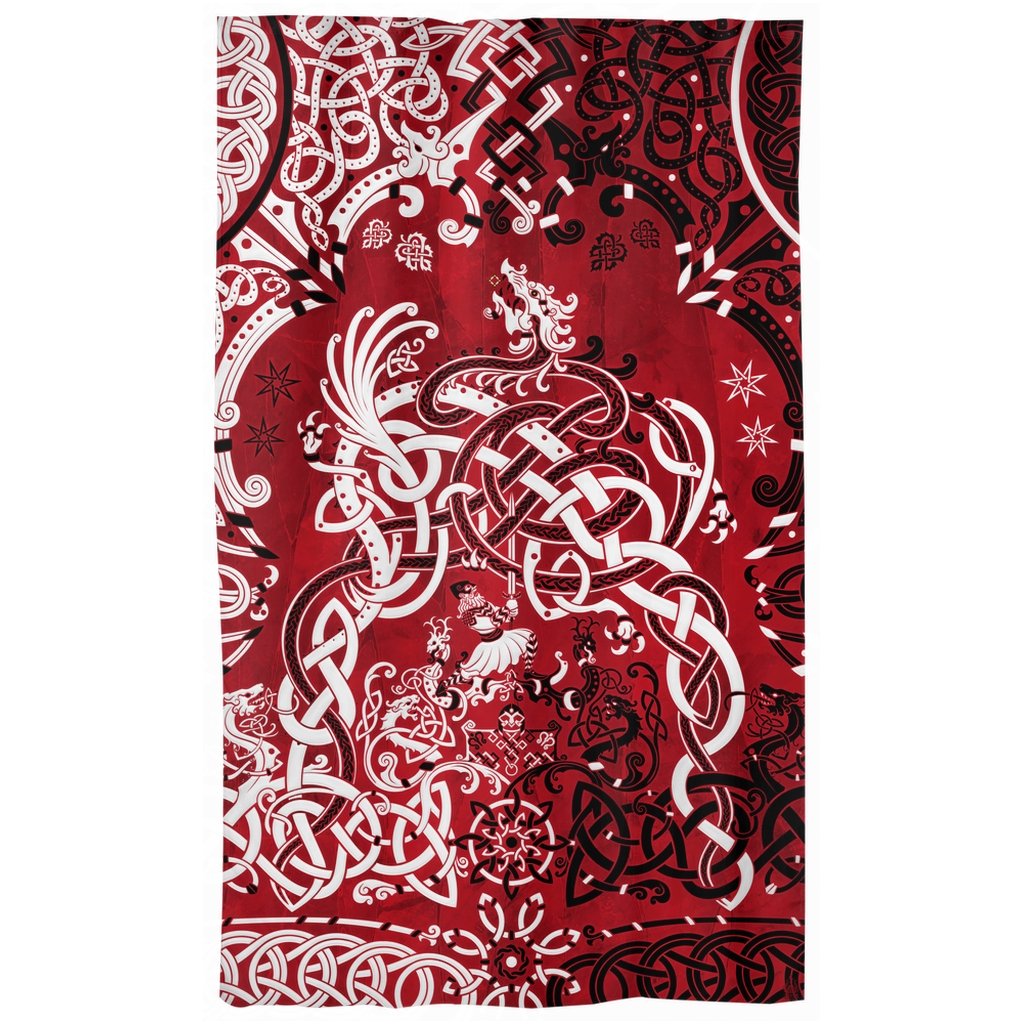 Viking Blackout Curtains, Long Window Panels, Norse Room Decor, Nordic Art Print, Sigurd kills Dragon Fafnir - Bloody Red - Abysm Internal