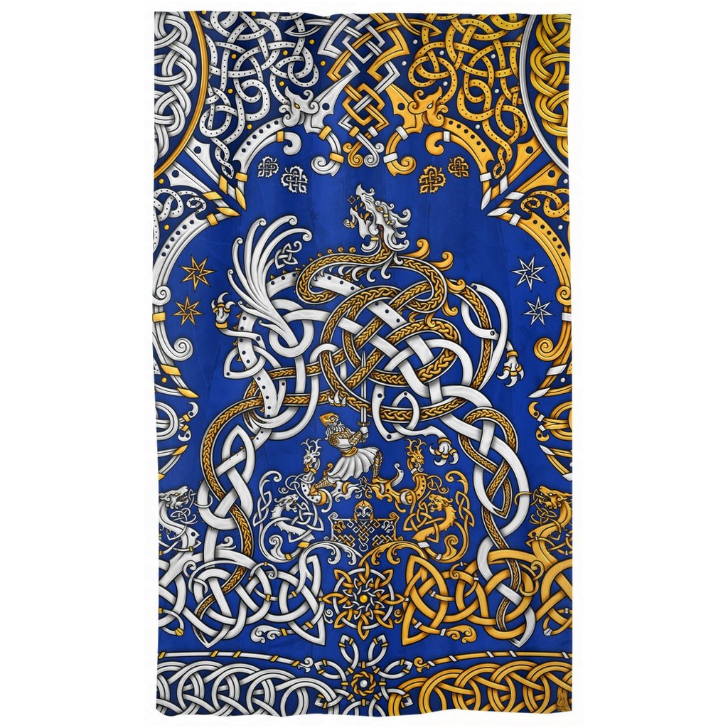 Viking Blackout Curtains, Long Window Panels, Norse Room Decor, Nordic Art Print, Sigurd kills Dragon Fafnir - Gold Blue - Abysm Internal