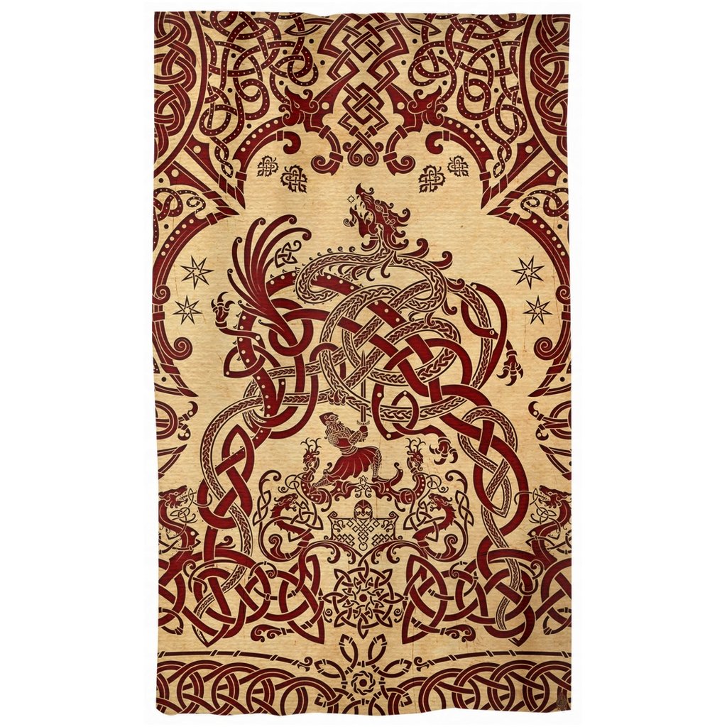 Viking Blackout Curtains, Long Window Panels, Norse Room Decor, Nordic Art Print, Sigurd kills Dragon Fafnir - Paper - Abysm Internal