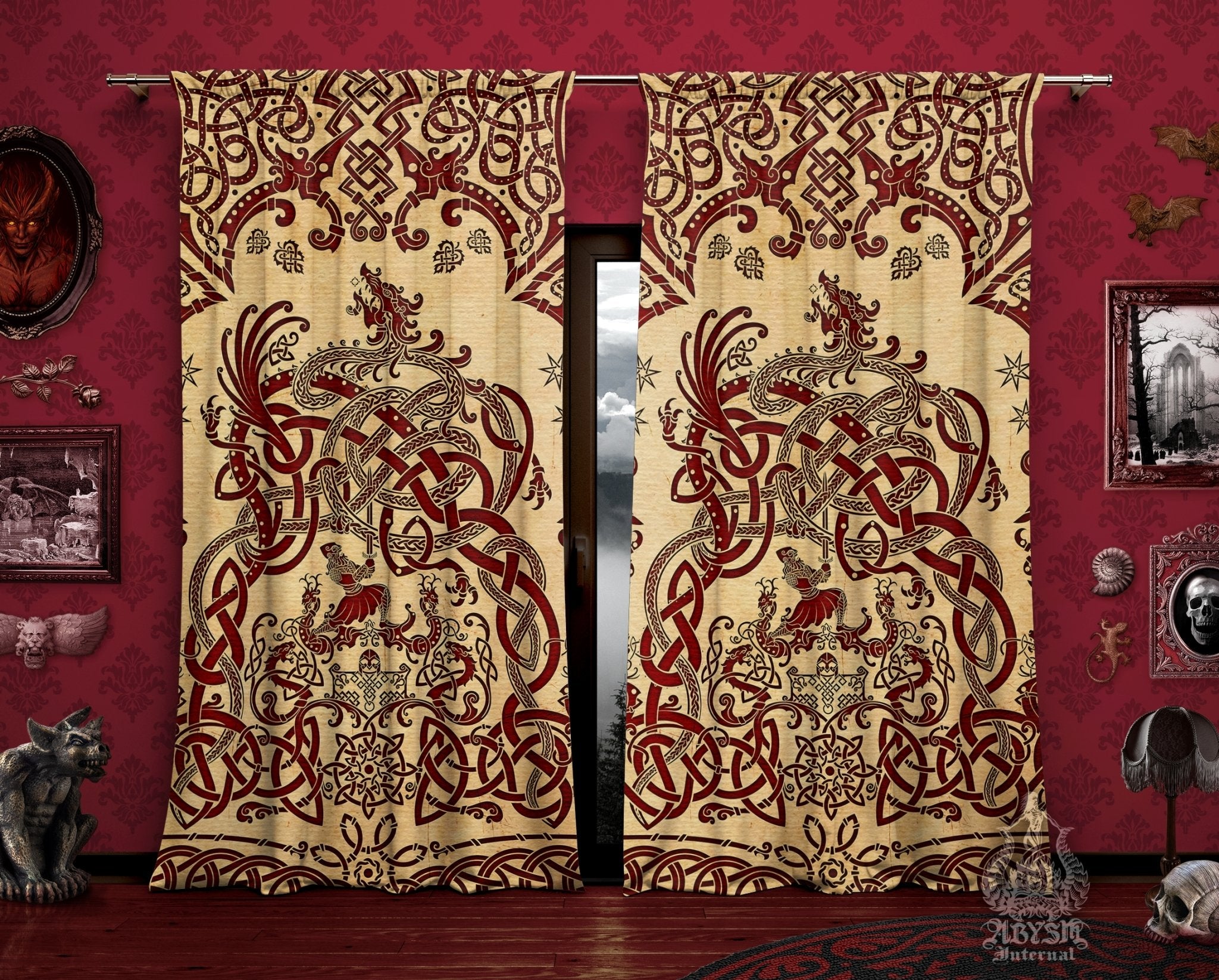 Viking Blackout Curtains, Long Window Panels, Norse Room Decor, Nordic Art Print, Sigurd kills Dragon Fafnir - Paper - Abysm Internal