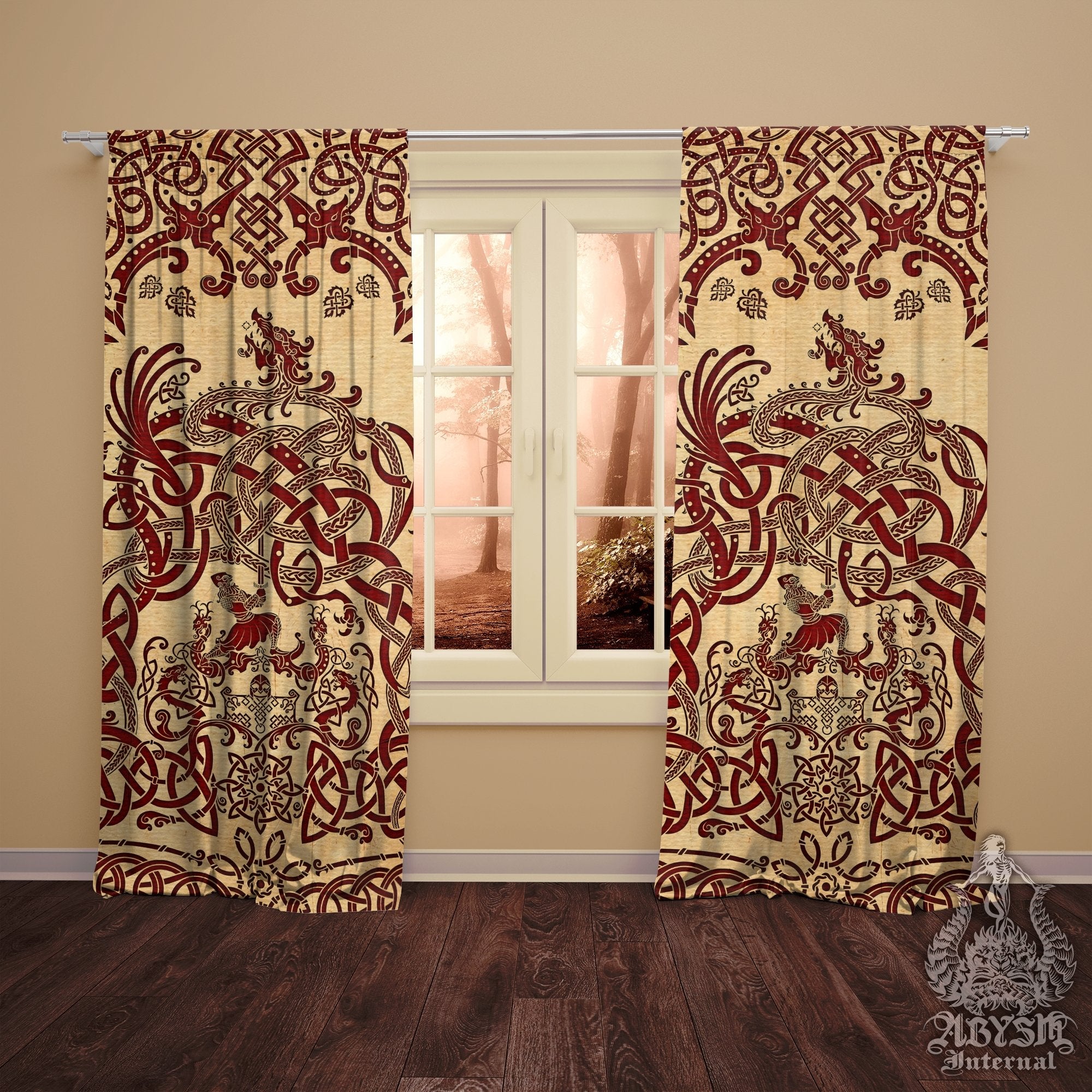 Viking Blackout Curtains, Long Window Panels, Norse Room Decor, Nordic Art Print, Sigurd kills Dragon Fafnir - Paper - Abysm Internal