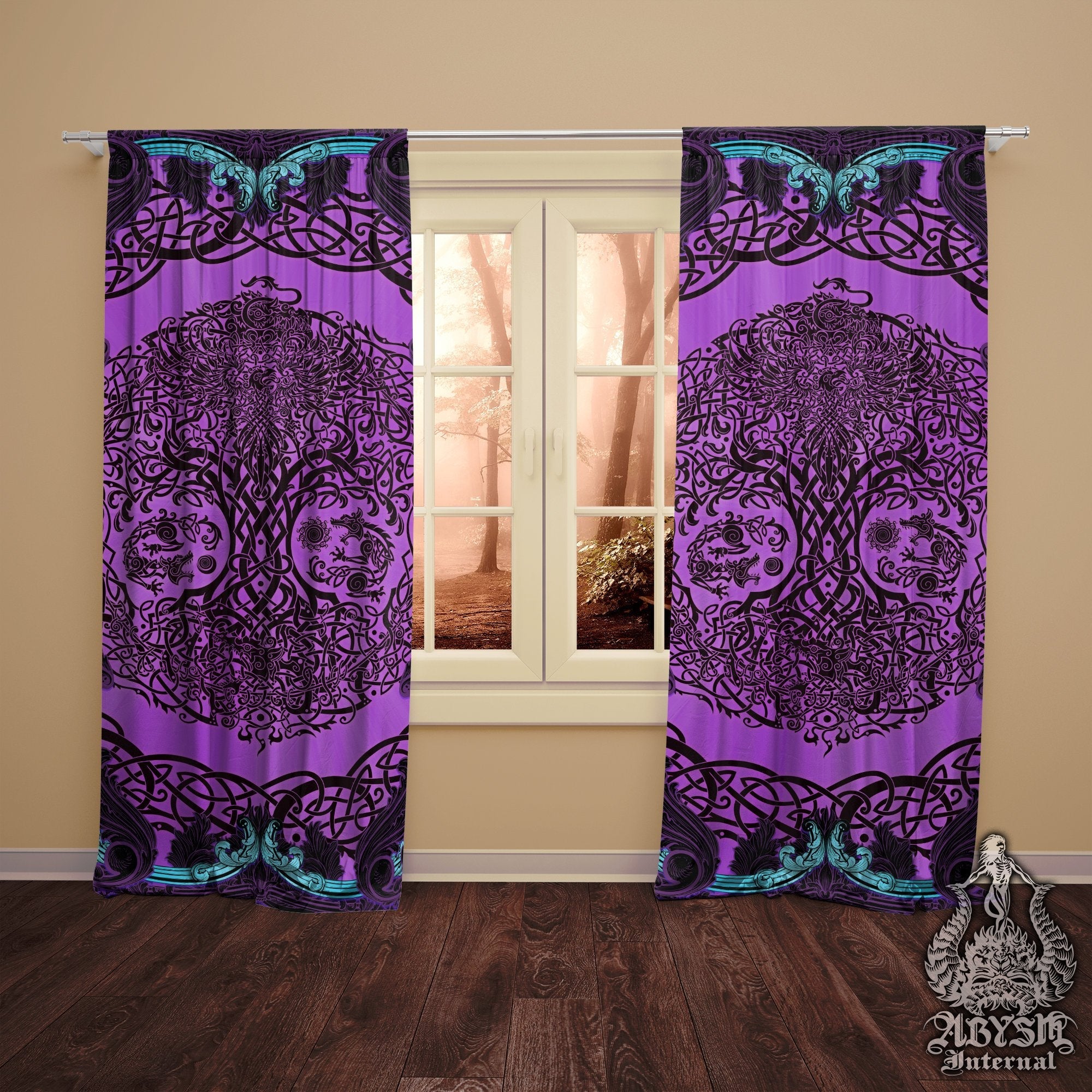 Viking Blackout Curtains, Long Window Panels, Norse Tree of Life, Gamer Room Decor, Art Print - Yggdrasil, Pastel Goth, Purple - Abysm Internal