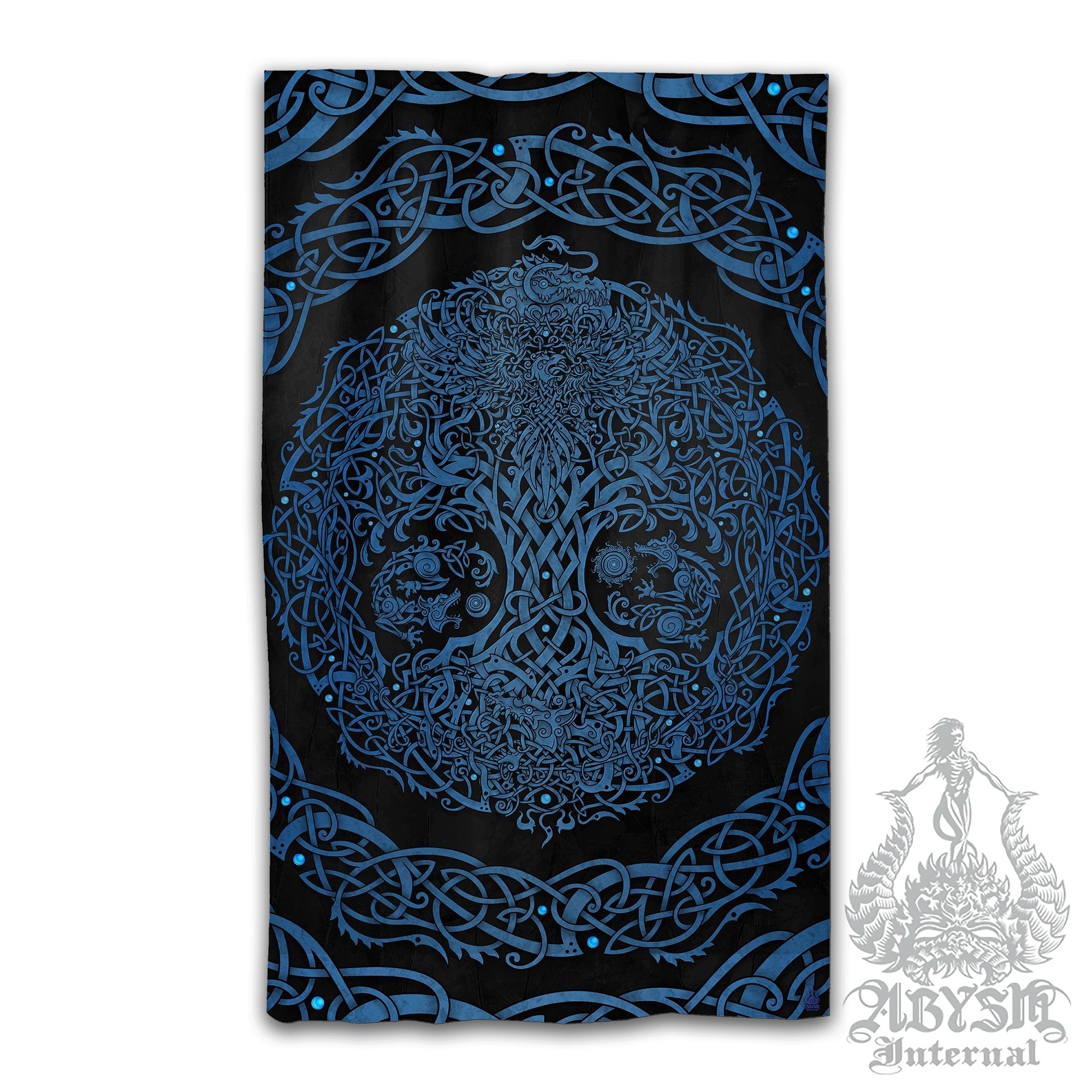 Viking Blackout Curtains, Long Window Panels, Yggdrasil, Nordic Tree of Life, Goth Home Decor, Art Print - Black & Blue - Abysm Internal