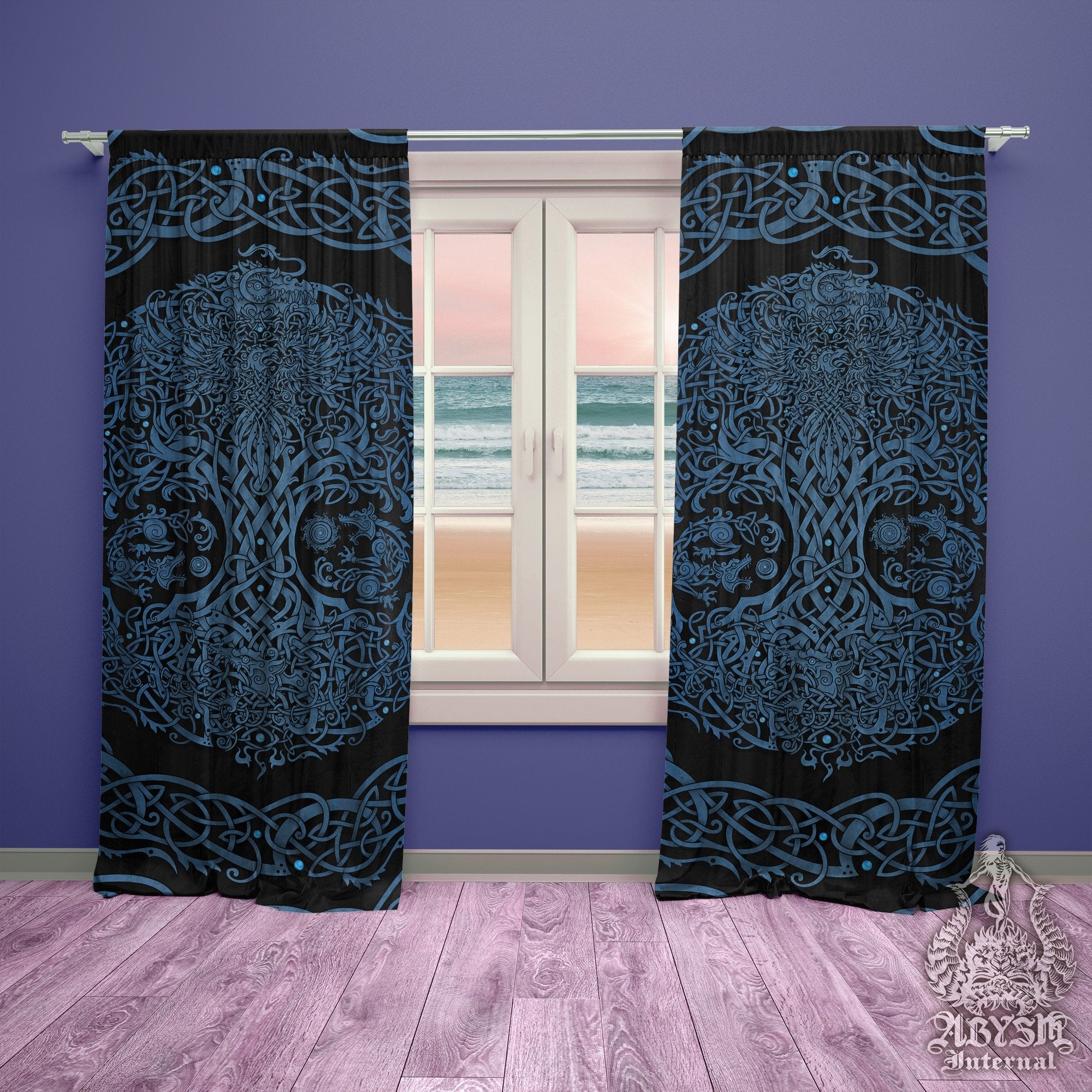 Viking Blackout Curtains, Long Window Panels, Yggdrasil, Nordic Tree of Life, Goth Home Decor, Art Print - Black & Blue - Abysm Internal