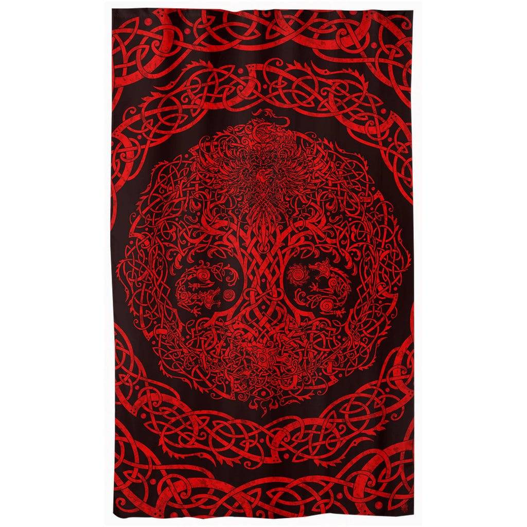 Viking Blackout Curtains, Long Window Panels, Yggdrasil, Nordic Tree of Life, Goth Home Decor, Art Print - Red & Black - Abysm Internal