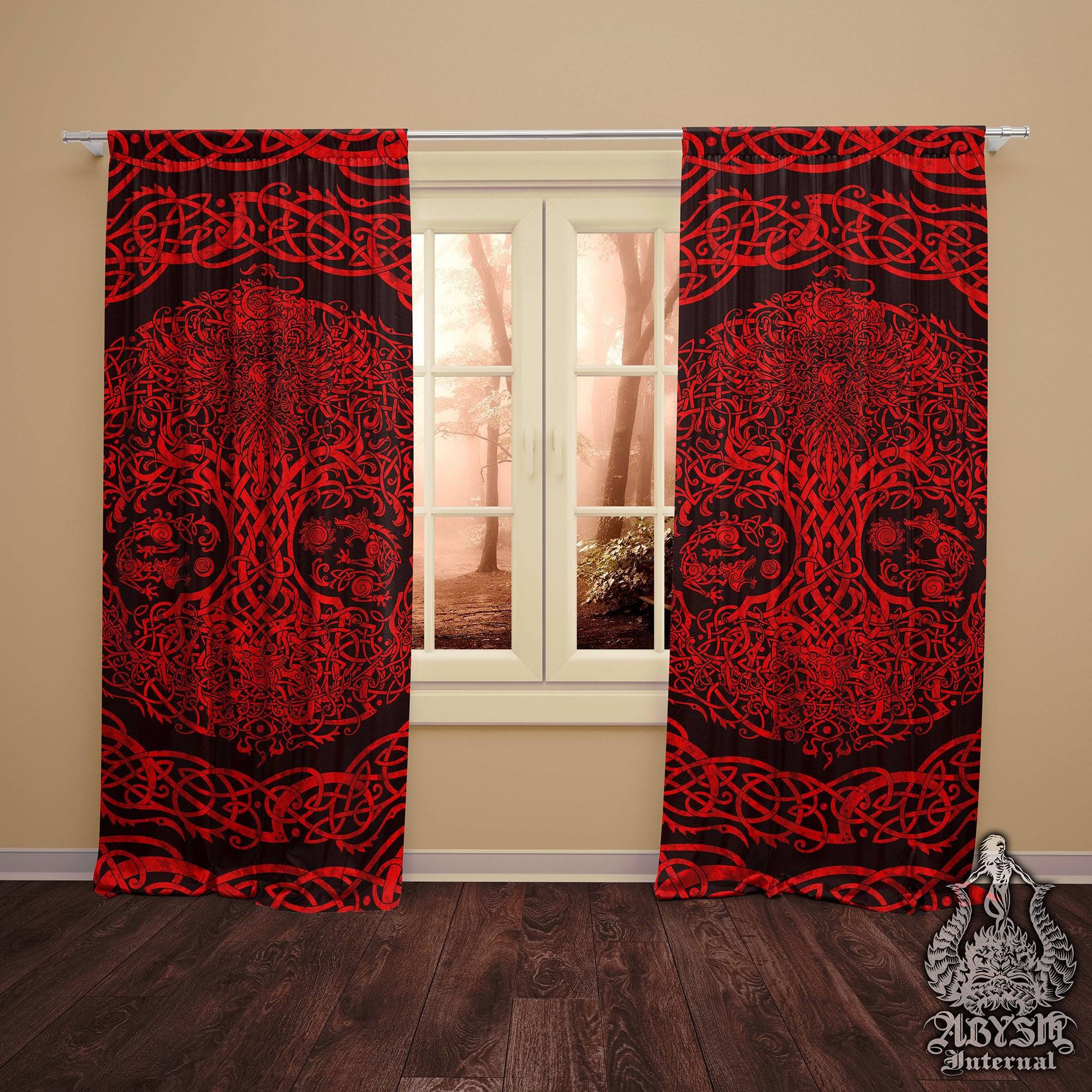 Viking Blackout Curtains, Long Window Panels, Yggdrasil, Nordic Tree of Life, Goth Home Decor, Art Print - Red & Black - Abysm Internal