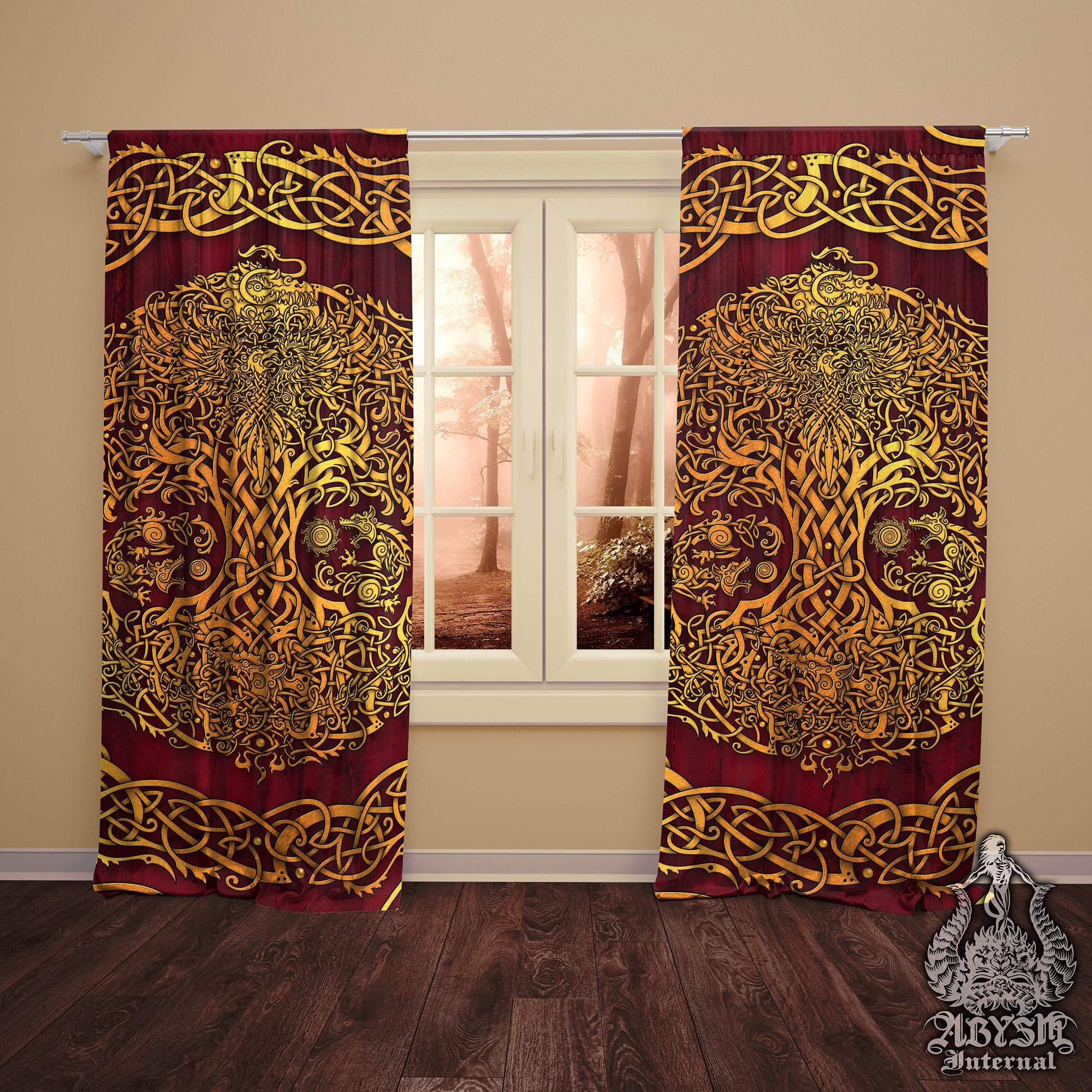 Viking Blackout Curtains, Long Window Panels, Yggdrasil, Nordic Tree of Life, Pagan Room Decor, Art Print - Gold & Red - Abysm Internal