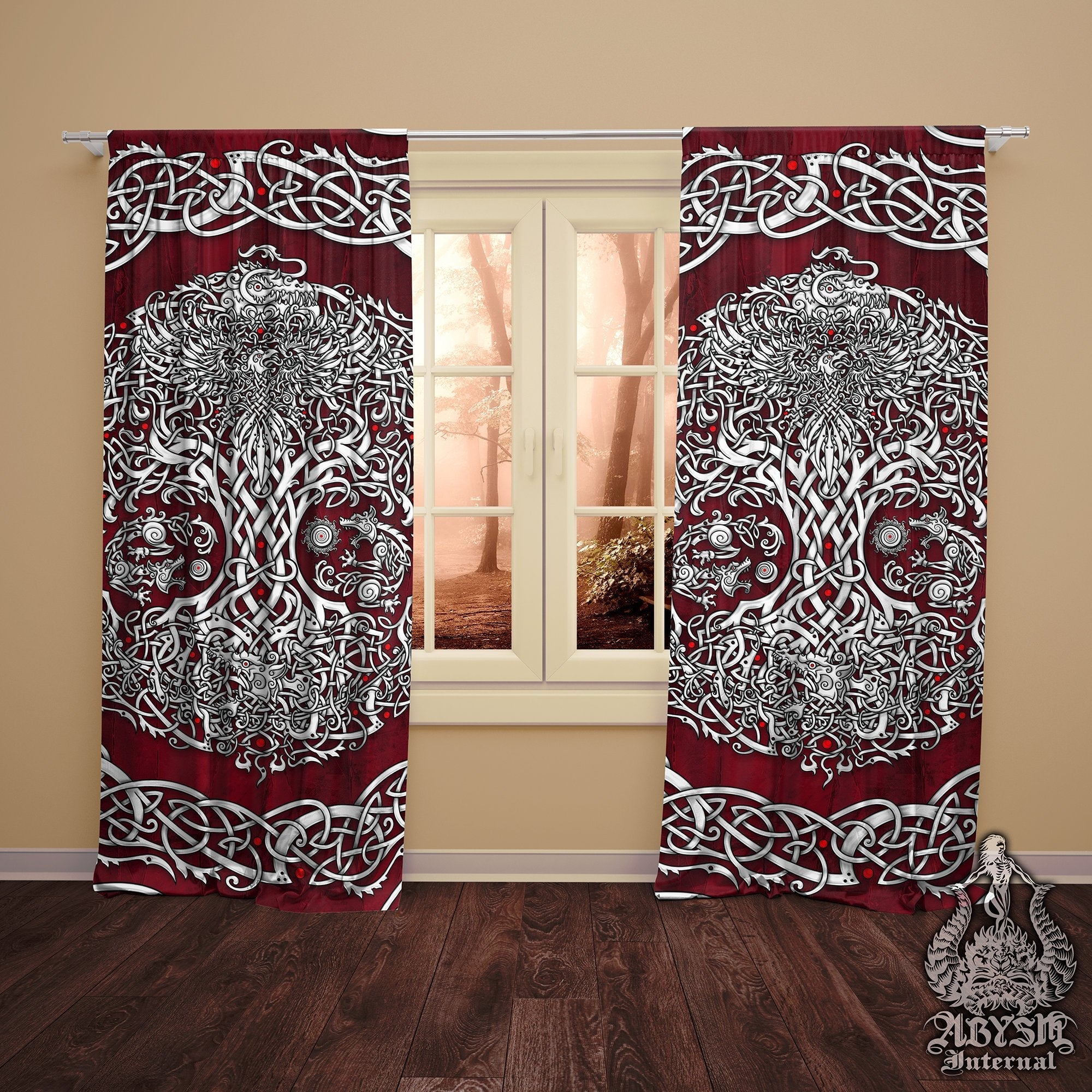 Viking Blackout Curtains, Long Window Panels, Yggdrasil, Nordic Tree of Life, Pagan Room Decor, Art Print - White & Red - Abysm Internal