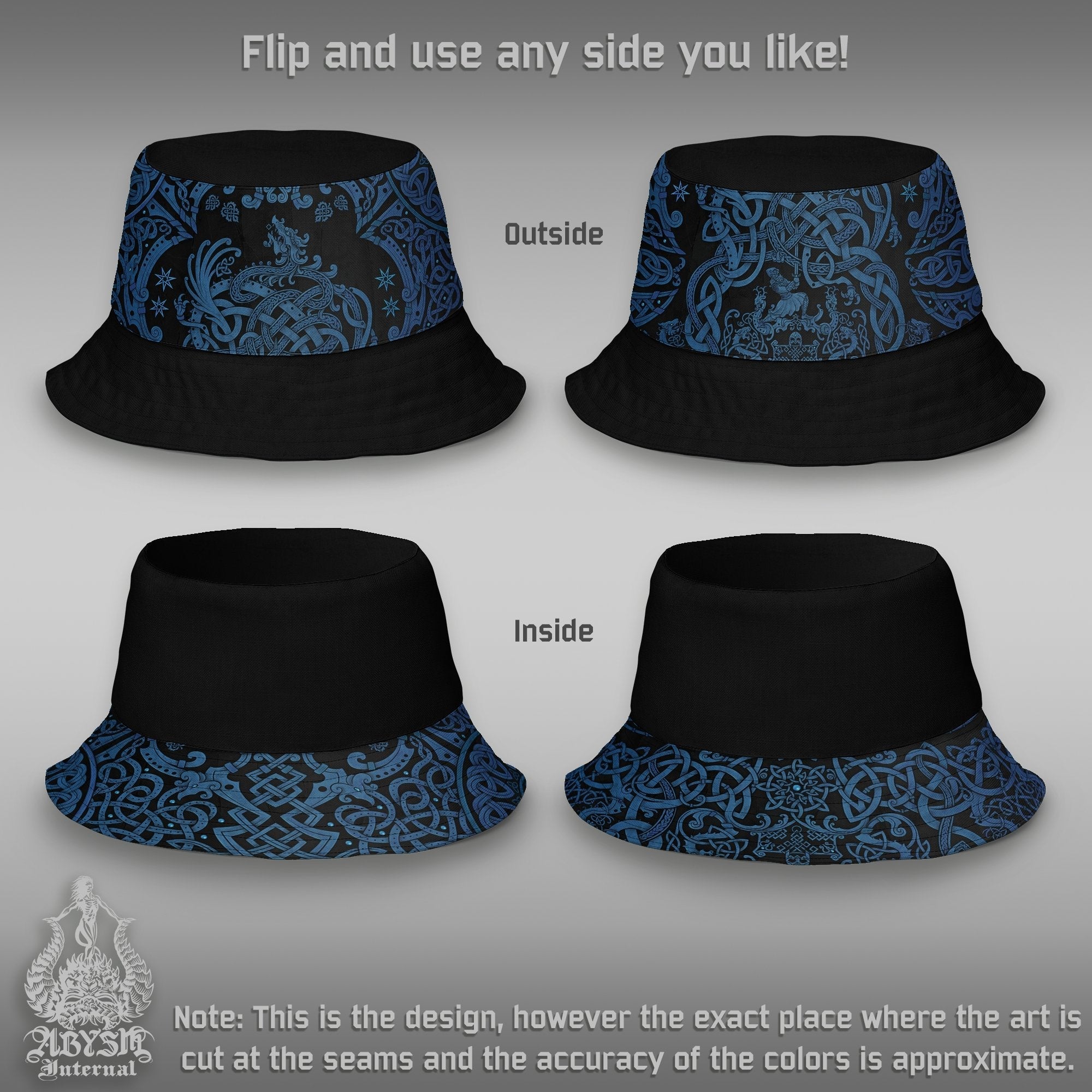 Viking Bucket Hat, Norse Streetwear, Nordic Summer Hat, Beach Accessory with Linen feel, Reversible & Unisex - Sigurd and Fafnir Dragon Knotwork - Abysm Internal