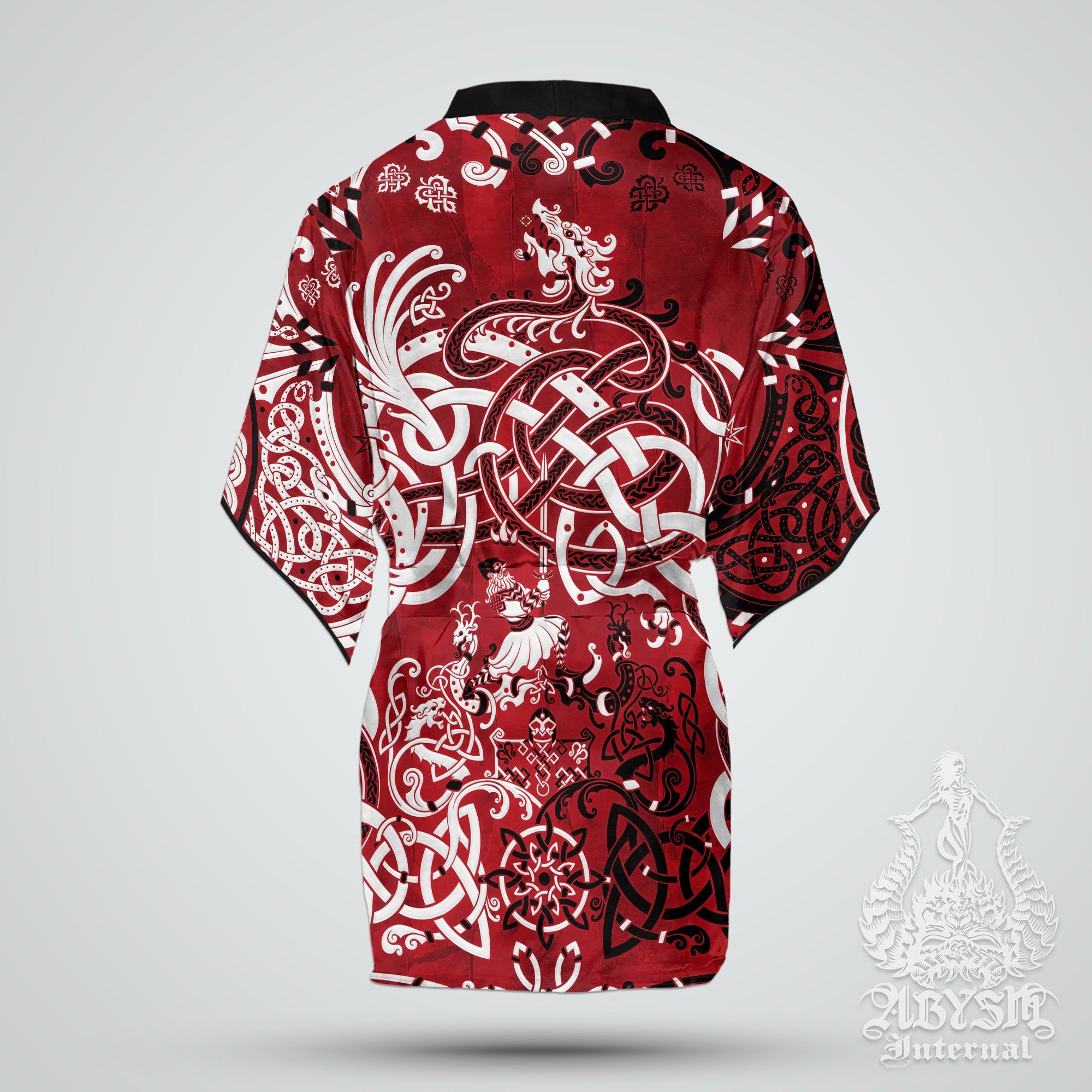 Viking Cover Up, Beach Outfit, Norse Party Kimono, Summer Festival Robe, Indie and Alternative Clothing, Unisex - Dragon Fafnir, Bloody Red Goth - Abysm Internal