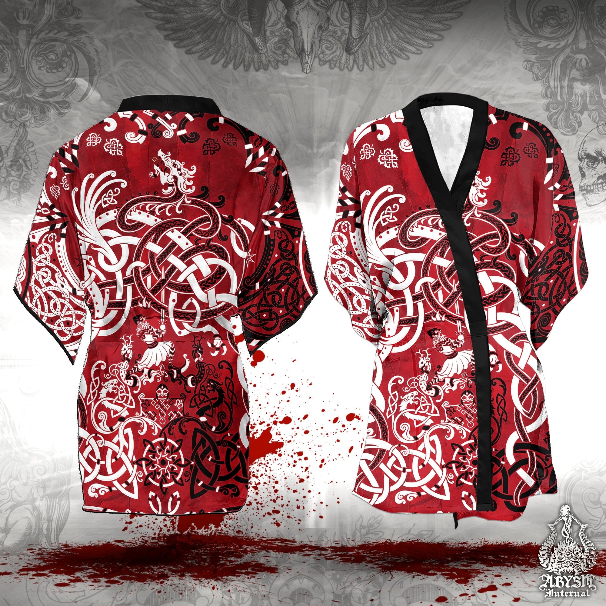 Viking Cover Up, Beach Outfit, Norse Party Kimono, Summer Festival Robe, Indie and Alternative Clothing, Unisex - Dragon Fafnir, Bloody Red Goth - Abysm Internal
