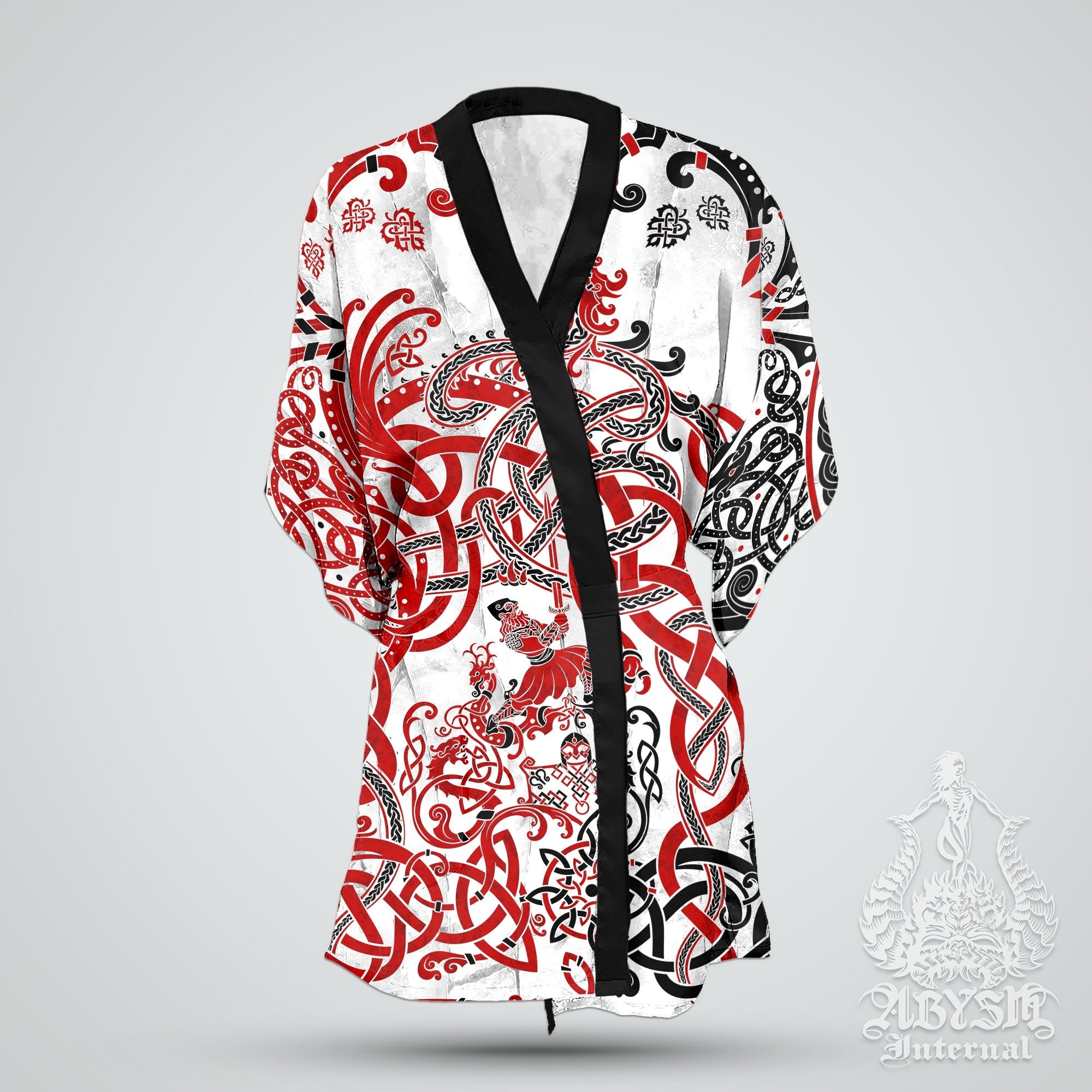Viking Cover Up, Beach Outfit, Norse Party Kimono, Summer Festival Robe, Indie and Alternative Clothing, Unisex - Dragon Fafnir, Bloody White Goth - Abysm Internal