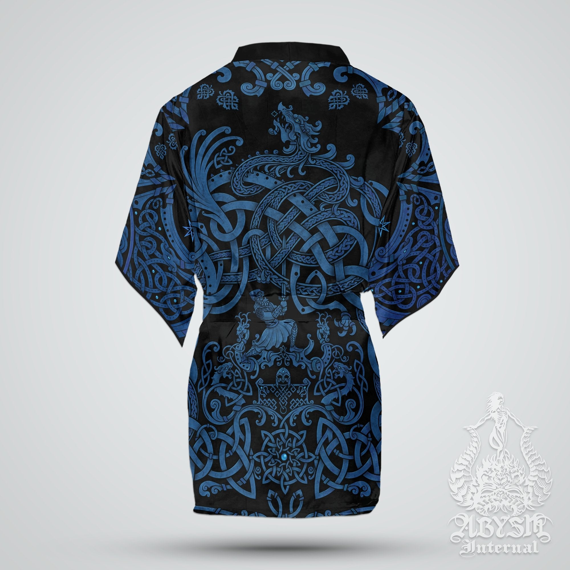 Viking Cover Up, Beach Outfit, Norse Party Kimono, Summer Festival Robe, Indie and Alternative Clothing, Unisex - Dragon Fafnir, Blue Black - Abysm Internal