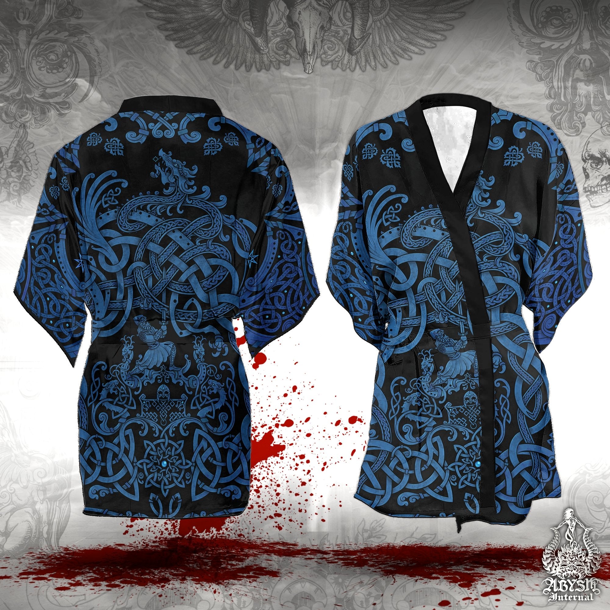 Viking Cover Up, Beach Outfit, Norse Party Kimono, Summer Festival Robe, Indie and Alternative Clothing, Unisex - Dragon Fafnir, Blue Black - Abysm Internal