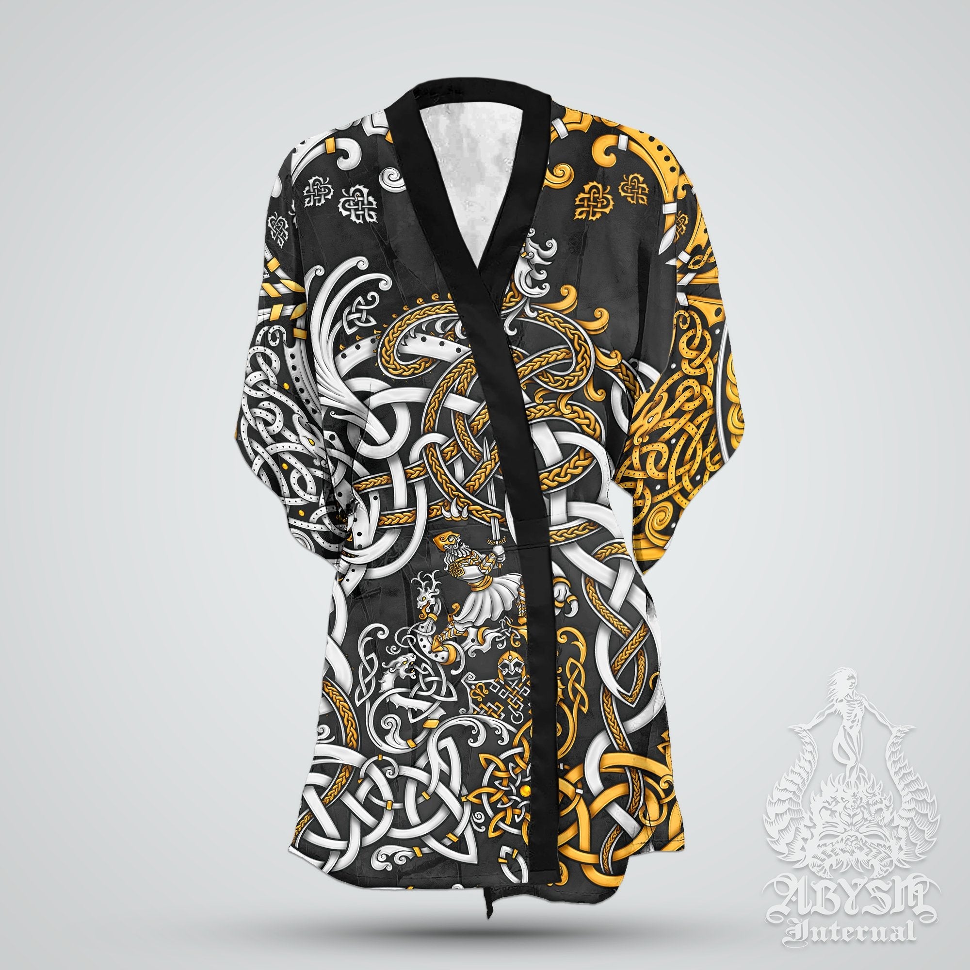 Viking Cover Up, Beach Outfit, Norse Party Kimono, Summer Festival Robe, Indie and Alternative Clothing, Unisex - Dragon Fafnir, Gold Black - Abysm Internal