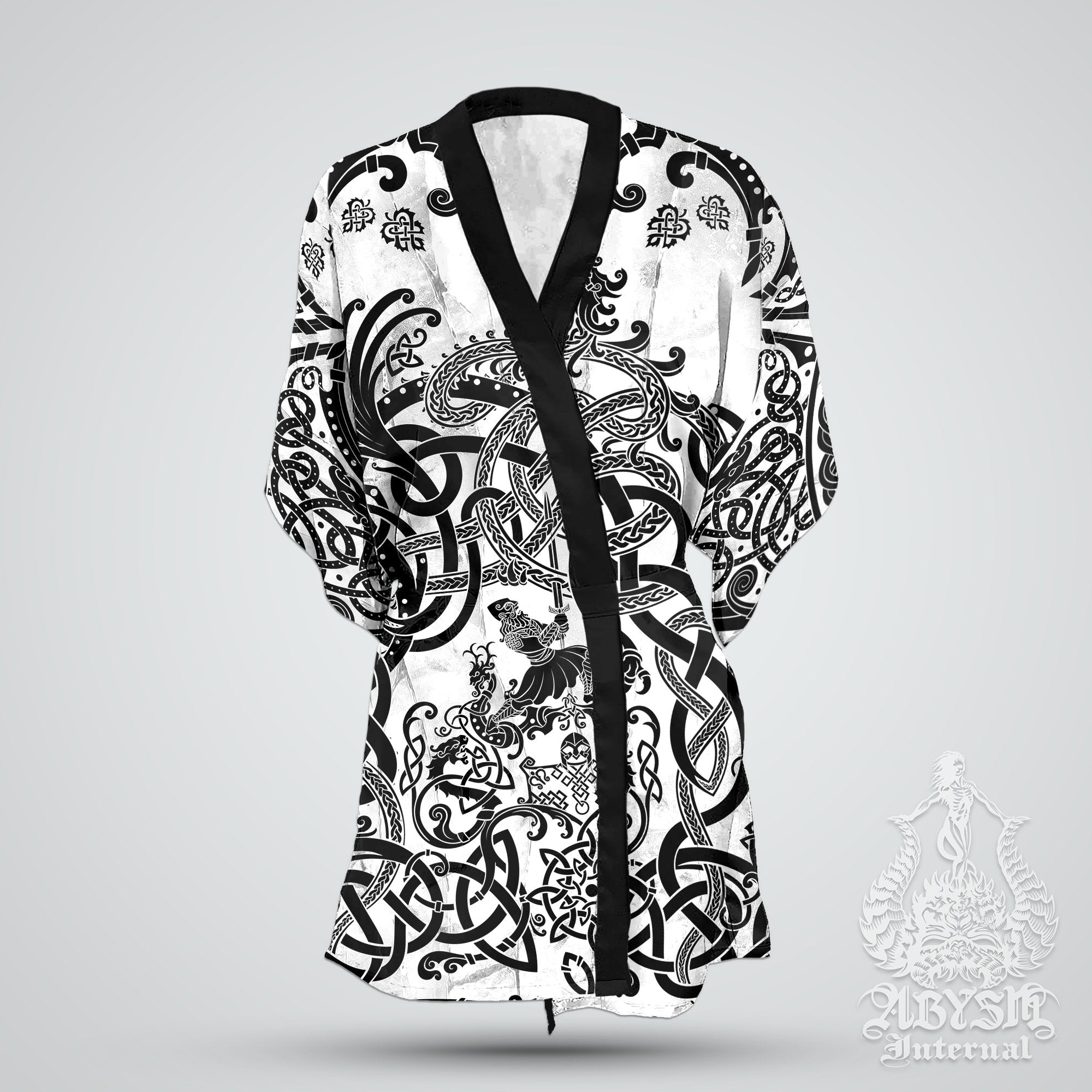 Viking Cover Up, Beach Outfit, Norse Party Kimono, Summer Festival Robe, Indie and Alternative Clothing, Unisex - Dragon Fafnir, White Black - Abysm Internal