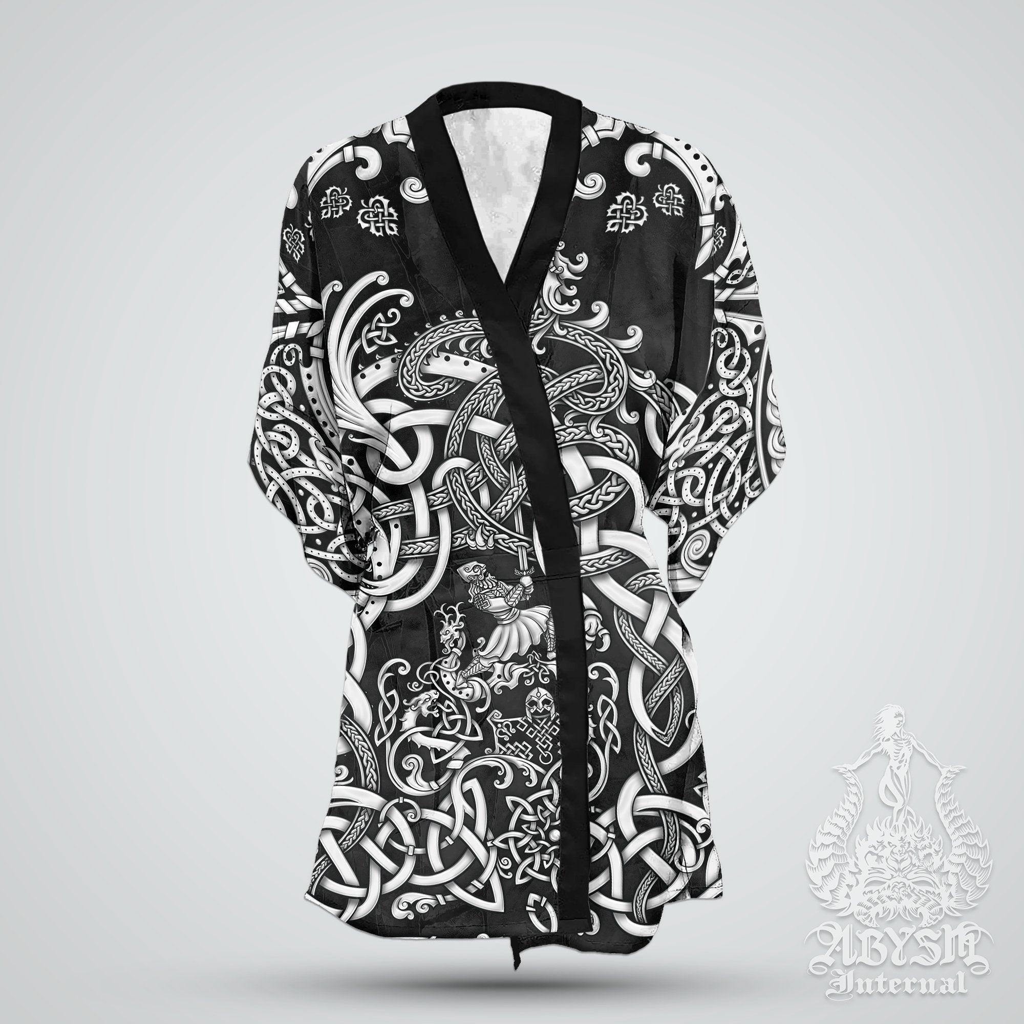 Viking Cover Up, Beach Outfit, Norse Party Kimono, Summer Festival Robe, Indie and Alternative Clothing, Unisex - Dragon Fafnir, White Black - Abysm Internal