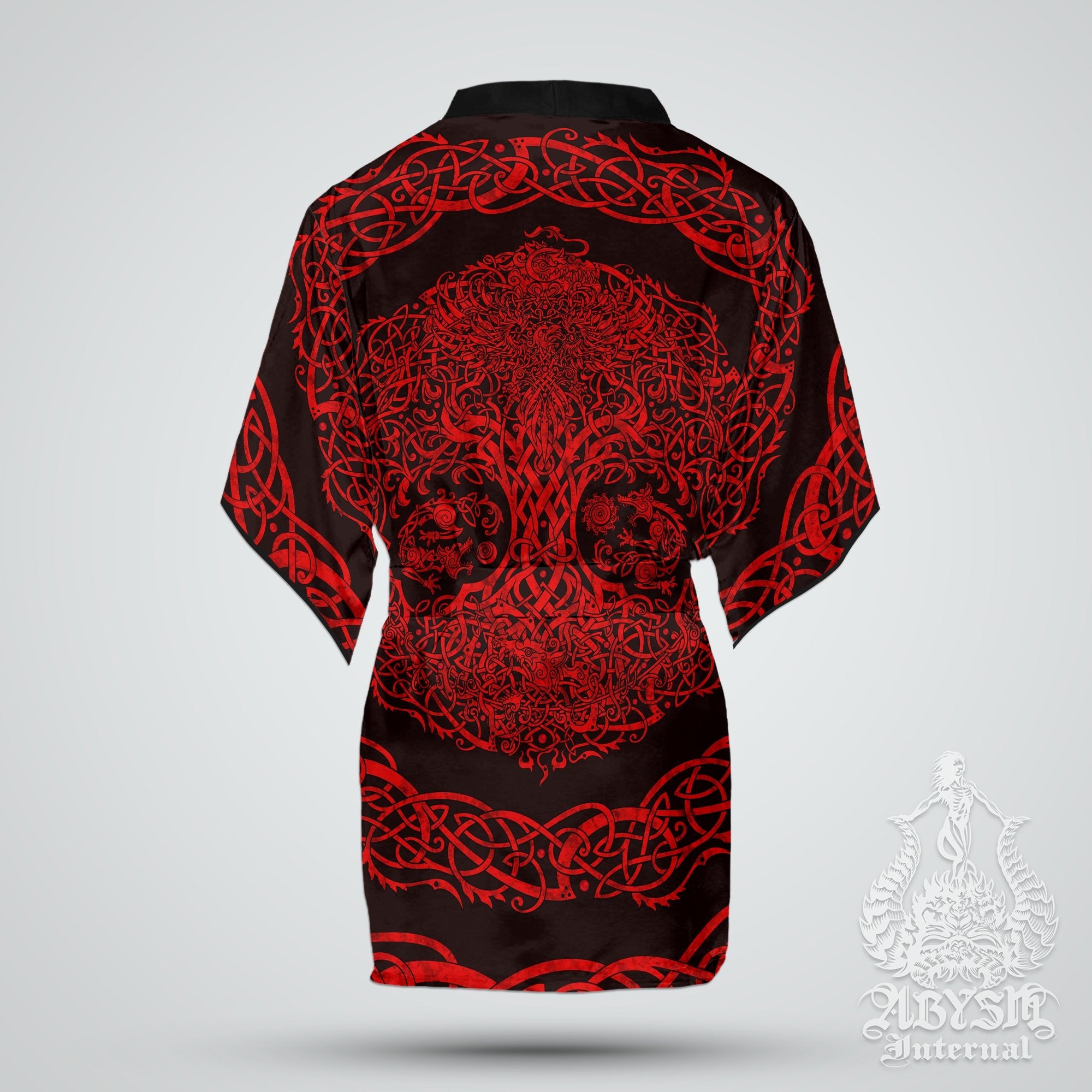 Viking Cover Up, Beach Outfit, Yggdrasil Party Kimono, Summer Festival Robe, Norse Indie and Alternative Clothing, Unisex - Tree of Life, Black Red - Abysm Internal