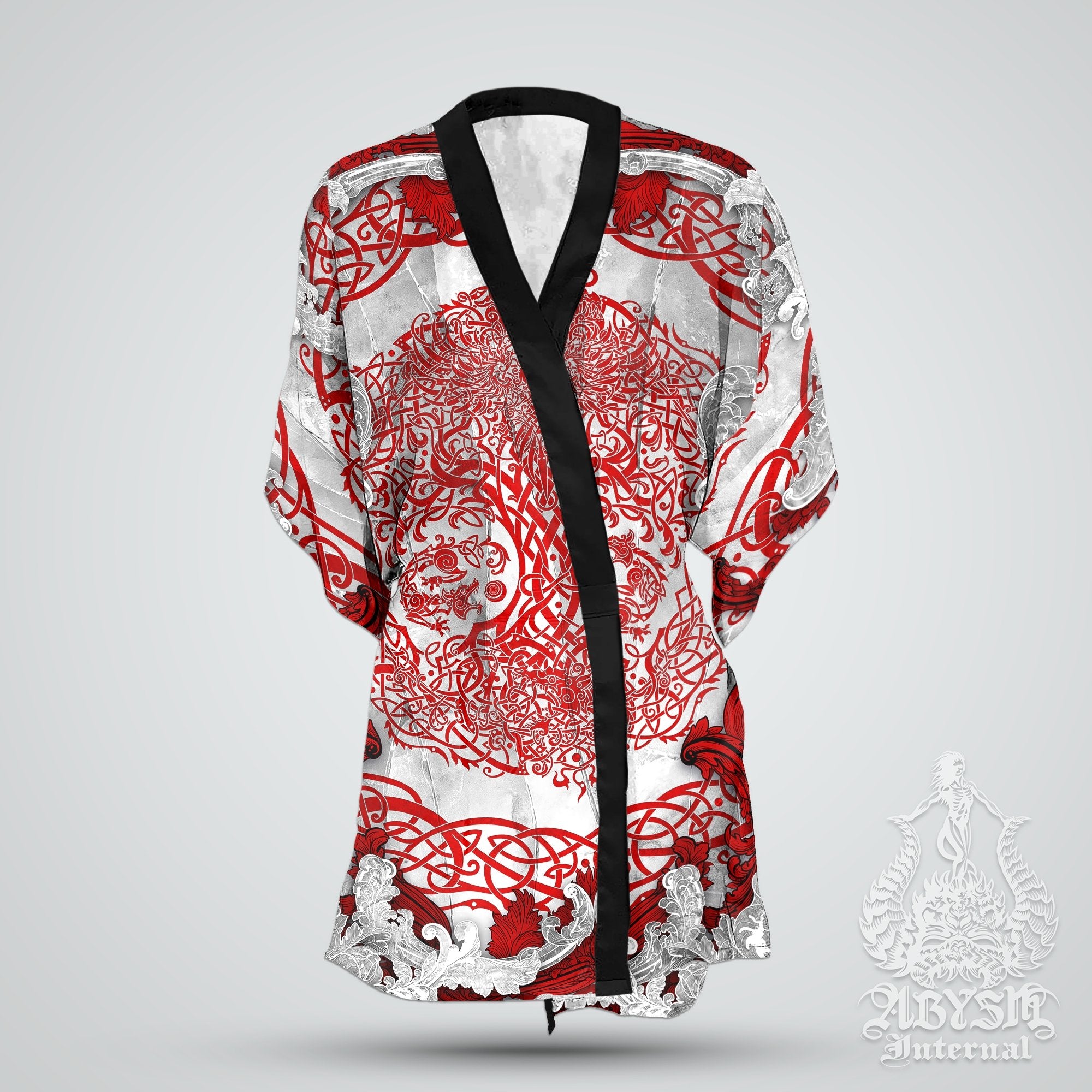 Viking Cover Up, Beach Outfit, Yggdrasil Party Kimono, Summer Festival Robe, Norse Indie and Alternative Clothing, Unisex - Tree of Life, Bloody White - Abysm Internal