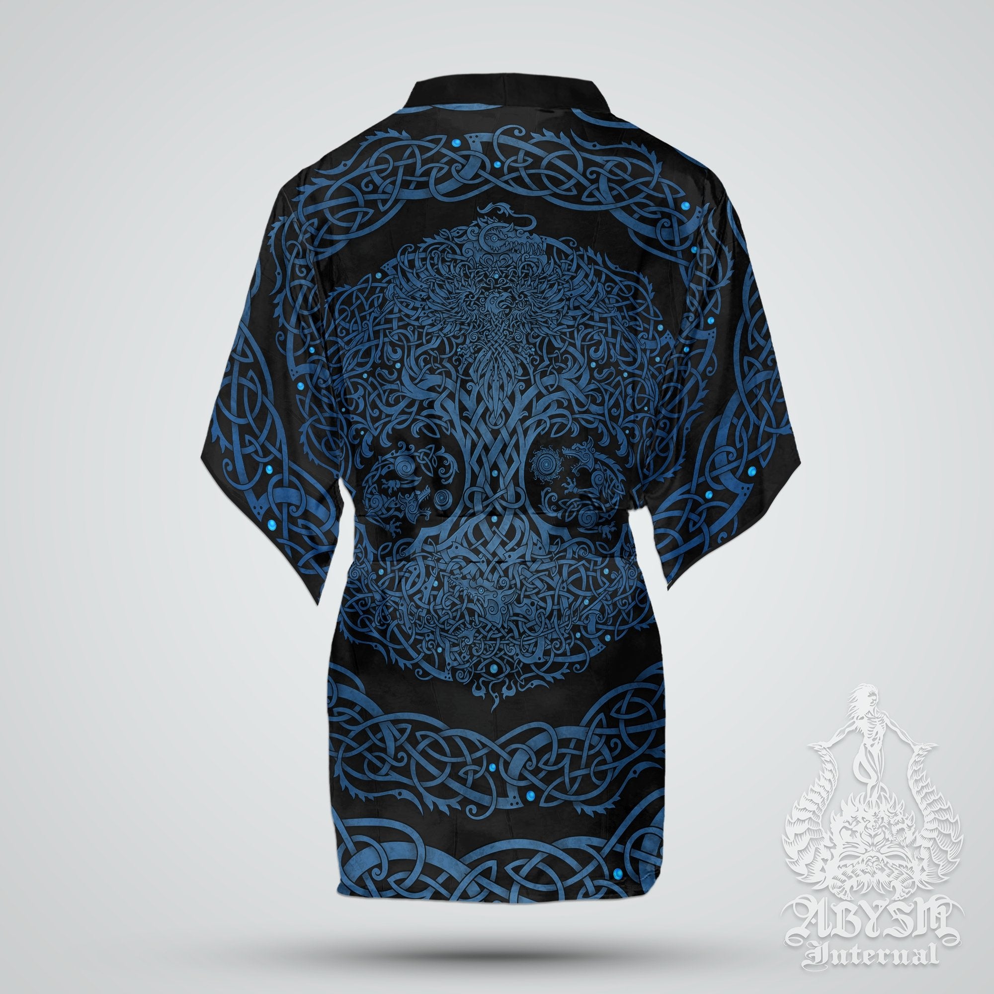 Viking Cover Up, Beach Outfit, Yggdrasil Party Kimono, Summer Festival Robe, Norse Indie and Alternative Clothing, Unisex - Tree of Life, Blue Black - Abysm Internal