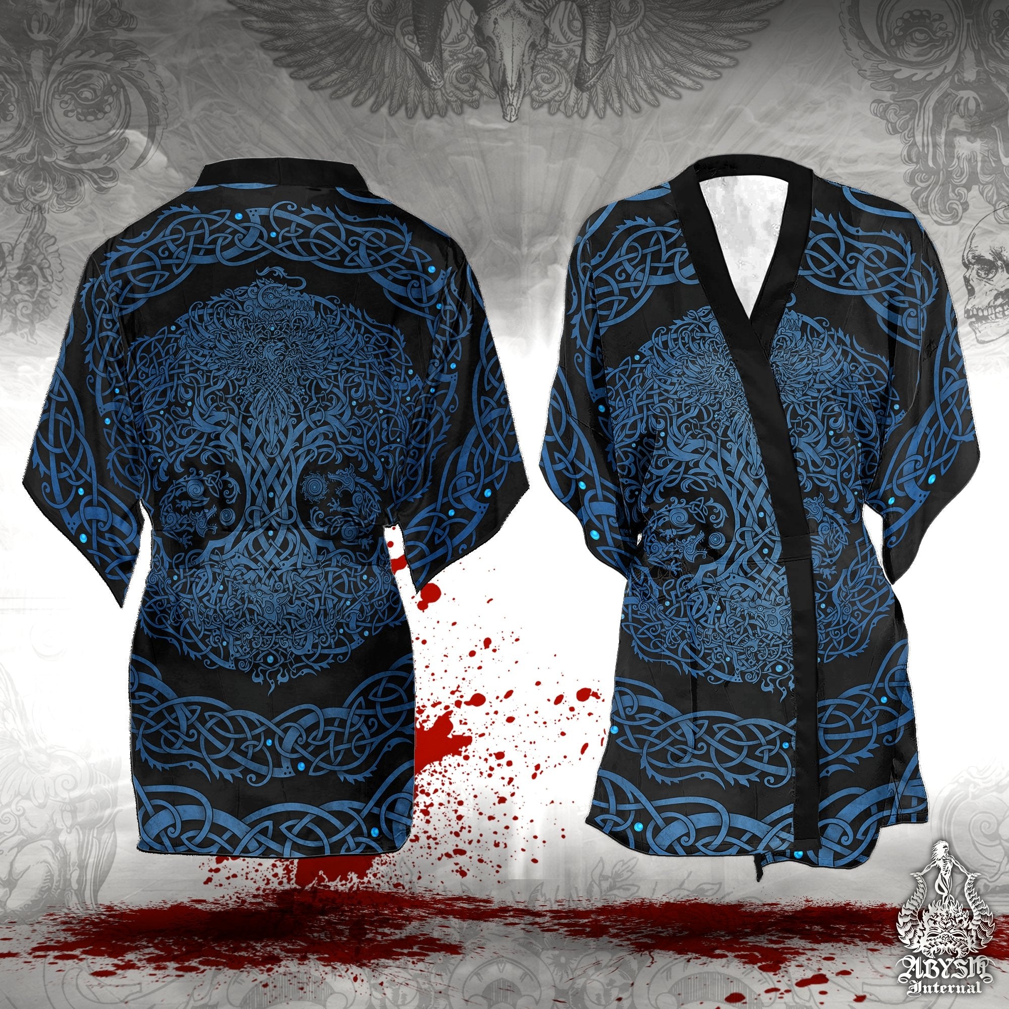 Viking Cover Up, Beach Outfit, Yggdrasil Party Kimono, Summer Festival Robe, Norse Indie and Alternative Clothing, Unisex - Tree of Life, Blue Black - Abysm Internal