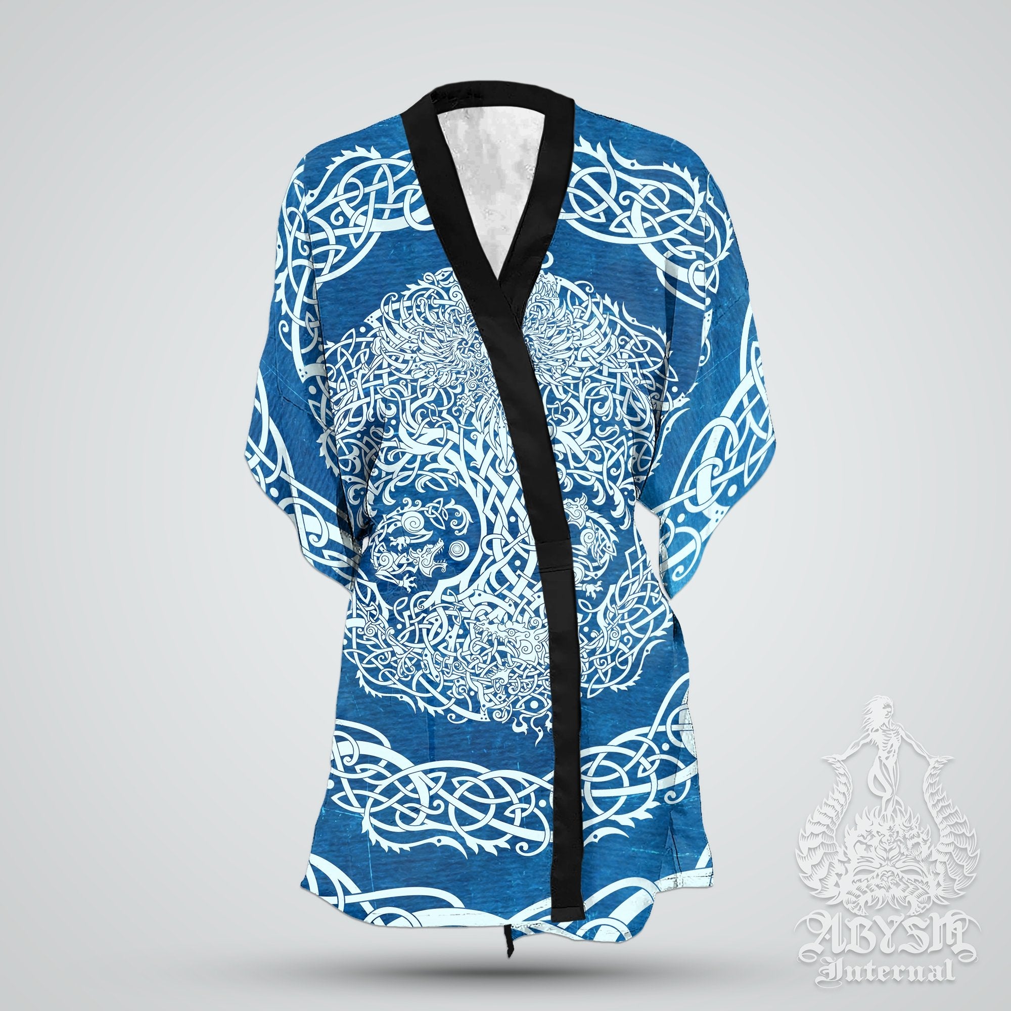 Viking Cover Up, Beach Outfit, Yggdrasil Party Kimono, Summer Festival Robe, Norse Indie and Alternative Clothing, Unisex - Tree of Life, Blue White - Abysm Internal