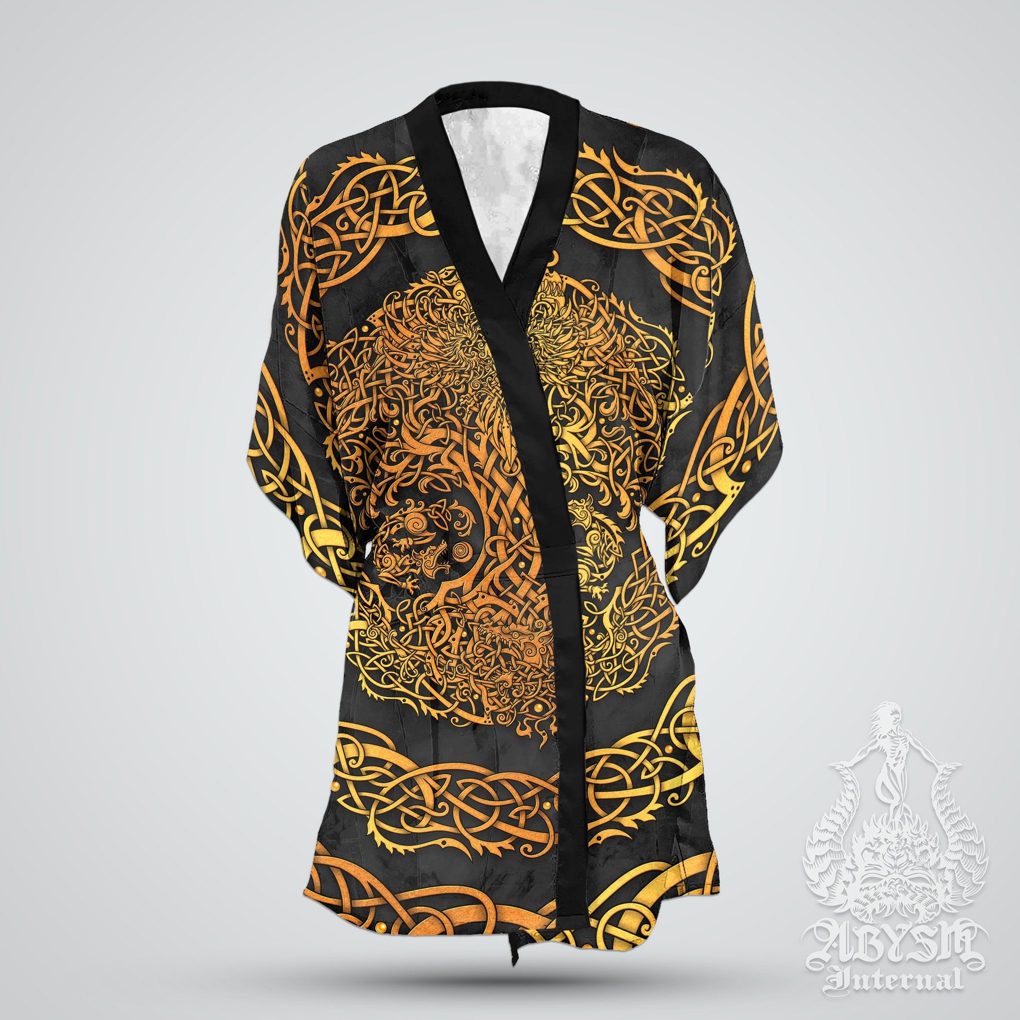 Viking Cover Up, Beach Outfit, Yggdrasil Party Kimono, Summer Festival Robe, Norse Indie and Alternative Clothing, Unisex - Tree of Life, Gold Black - Abysm Internal