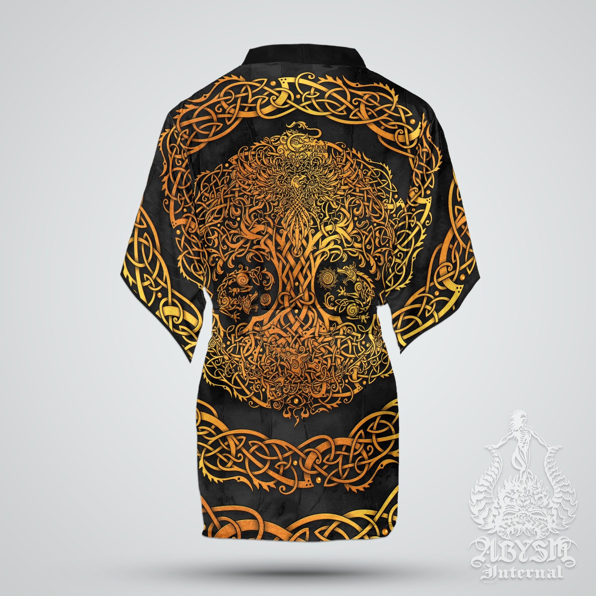 Viking Cover Up, Beach Outfit, Yggdrasil Party Kimono, Summer Festival Robe, Norse Indie and Alternative Clothing, Unisex - Tree of Life, Gold Black - Abysm Internal