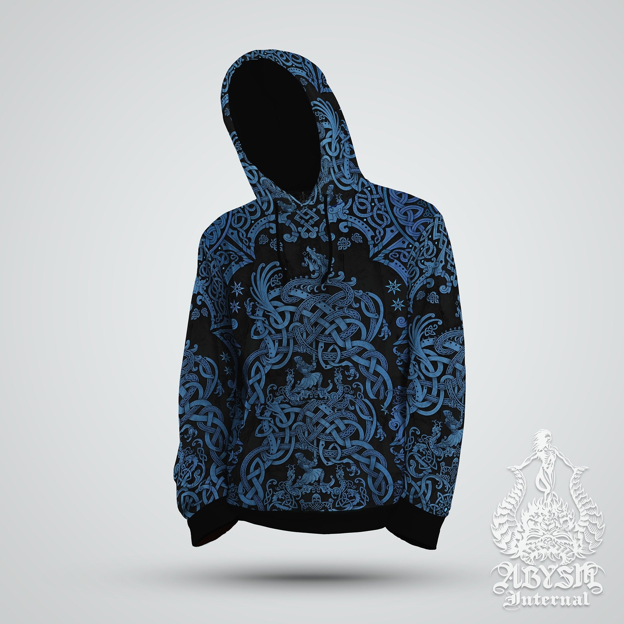 Viking Hoodie, Dragon Sweater, Concert Outfit, Norse Art Streetwear, Alternative Clothing, Unisex - Nordic Mythology, Fafnir, Black & Blue - Abysm Internal