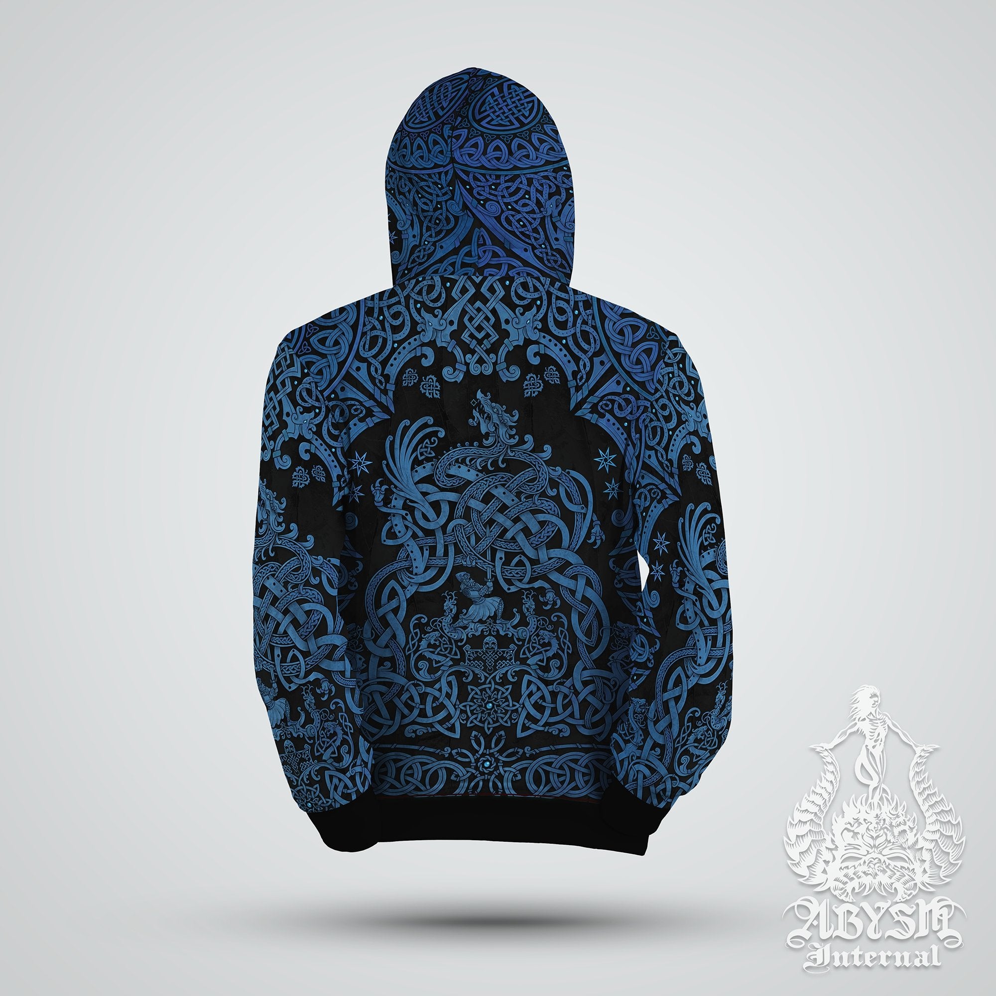 Viking Hoodie, Dragon Sweater, Concert Outfit, Norse Art Streetwear, Alternative Clothing, Unisex - Nordic Mythology, Fafnir, Black & Blue - Abysm Internal