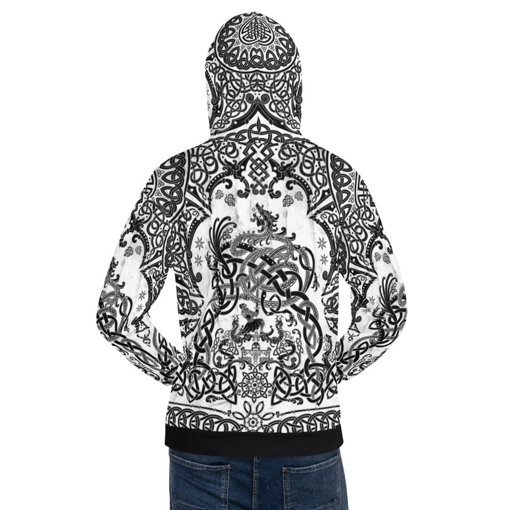 Viking Hoodie, Nordic At Sweater, Fantasy Street Outfit, Norse Streetwear, Alternative Clothing, Unisex - Dragon Fafnir, Black & White - Abysm Internal