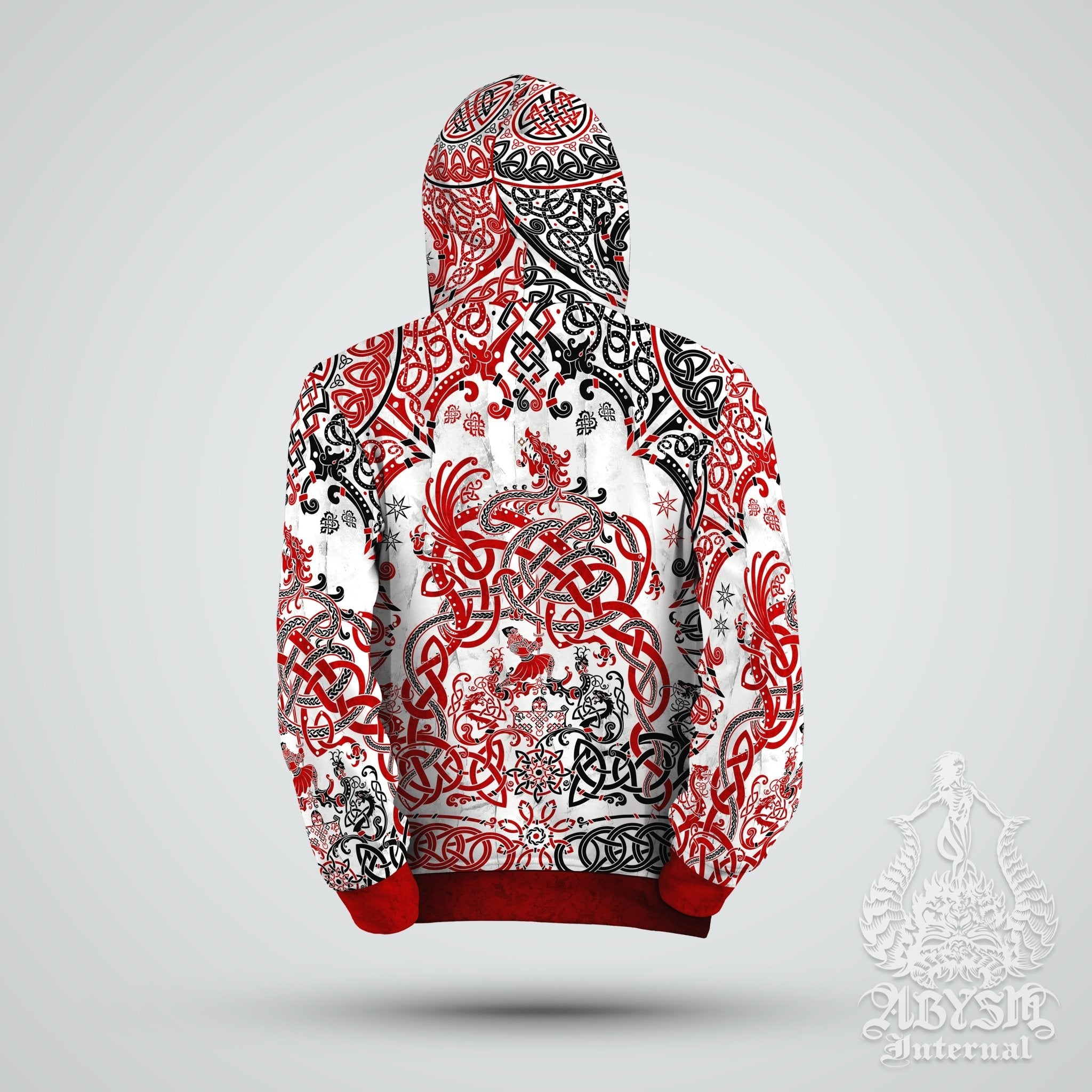 Viking Hoodie, Nordic At Sweater, Fantasy Street Outfit, Norse Streetwear, Alternative Clothing, Unisex - Dragon Fafnir, Bloody White - Abysm Internal