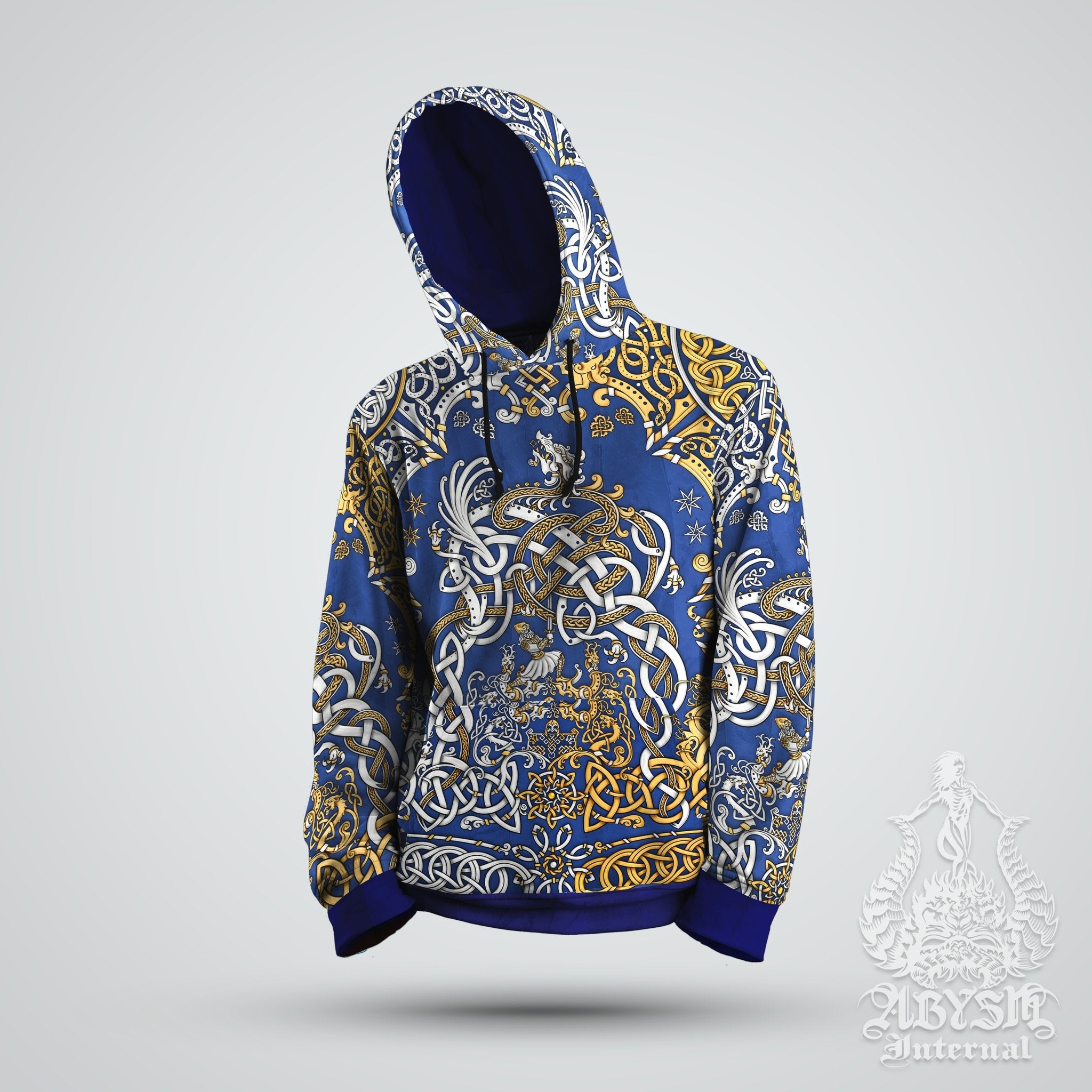 Viking Hoodie, Nordic At Sweater, Fantasy Street Outfit, Norse Streetwear, Alternative Clothing, Unisex - Dragon Fafnir, Gold Blue - Abysm Internal