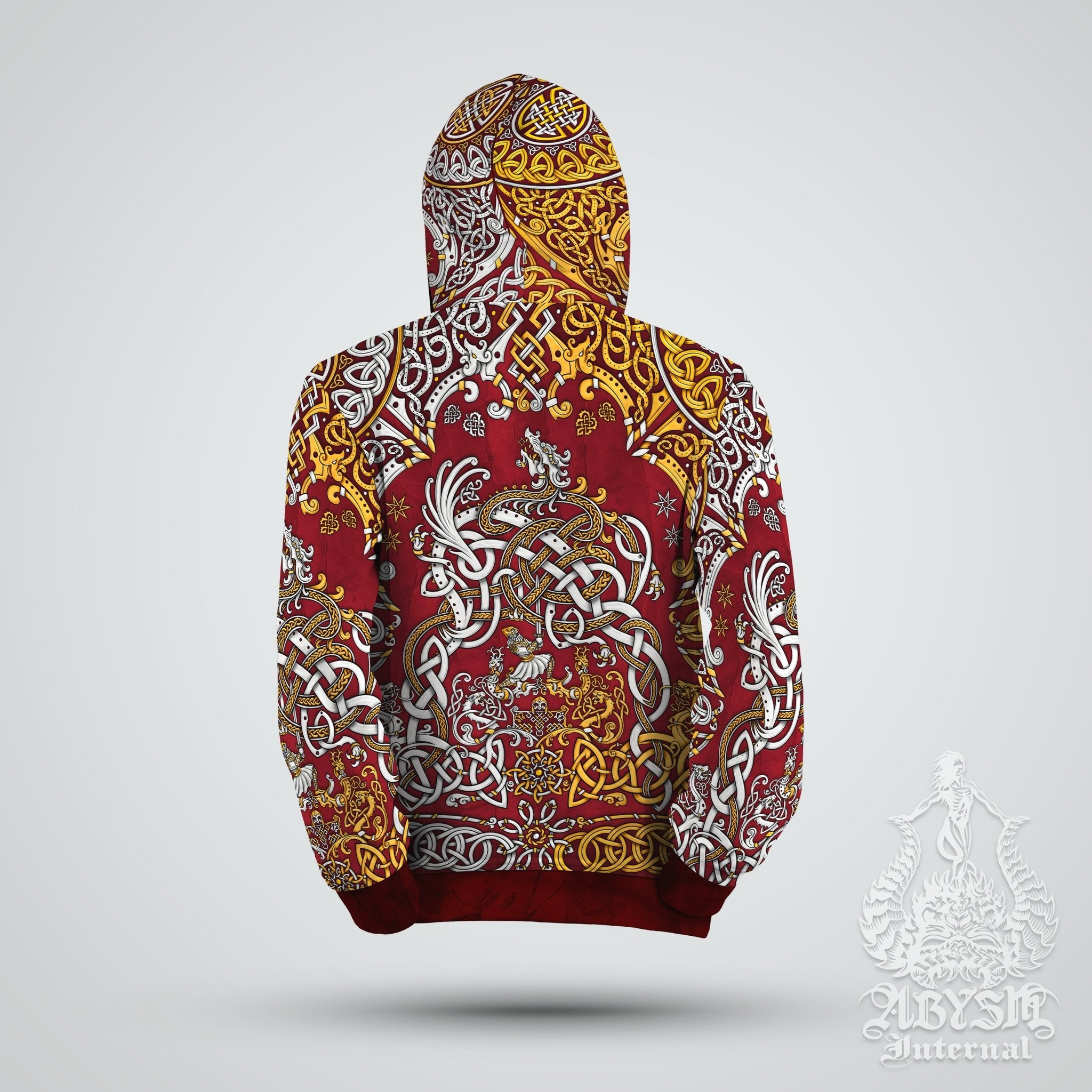Viking Hoodie, Nordic At Sweater, Fantasy Street Outfit, Norse Streetwear, Alternative Clothing, Unisex - Dragon Fafnir, Gold Red - Abysm Internal